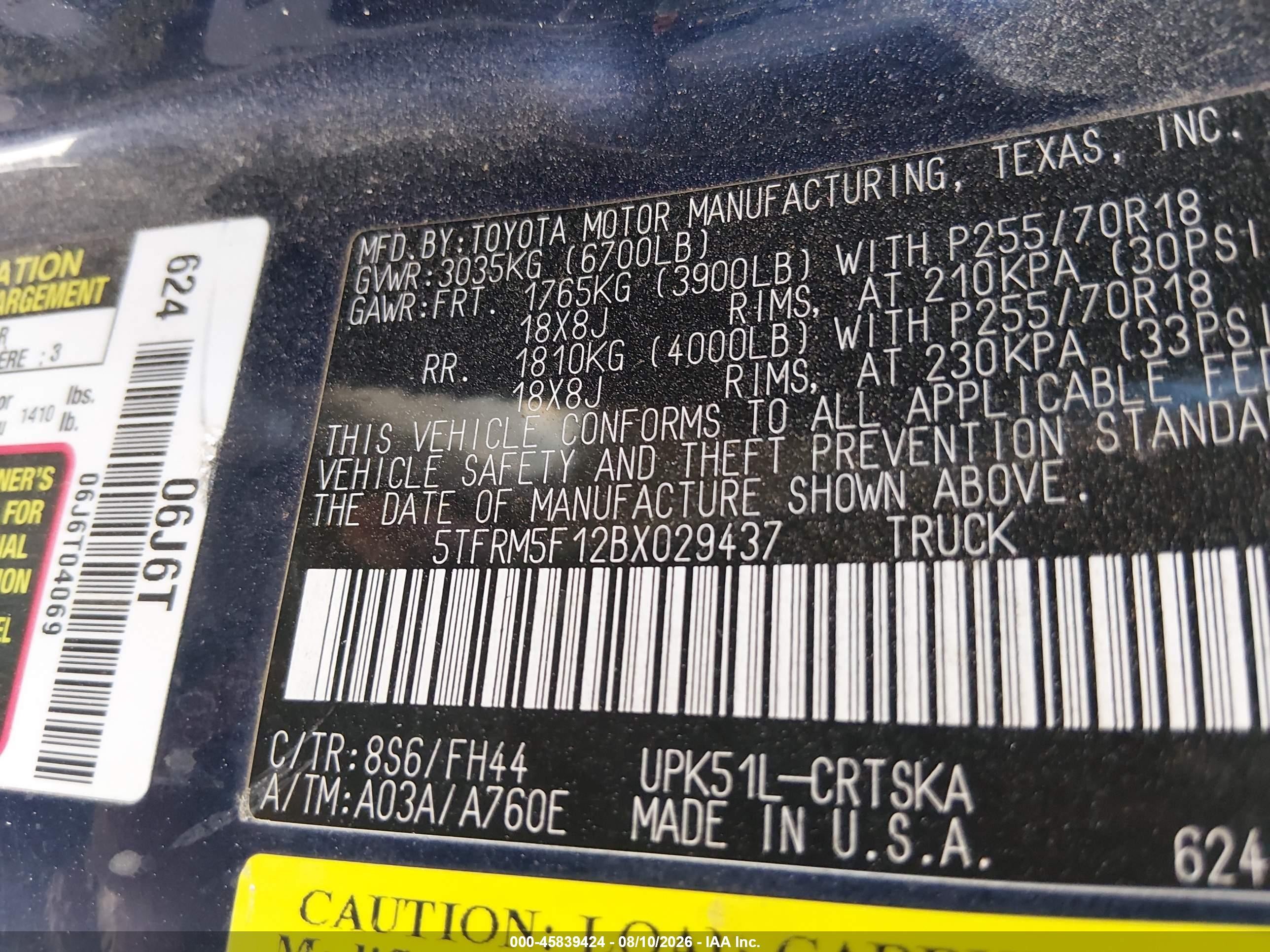 2011 Toyota Tundra Grade 4.6l V8 Синий vin: 5TFRM5F12BX029437