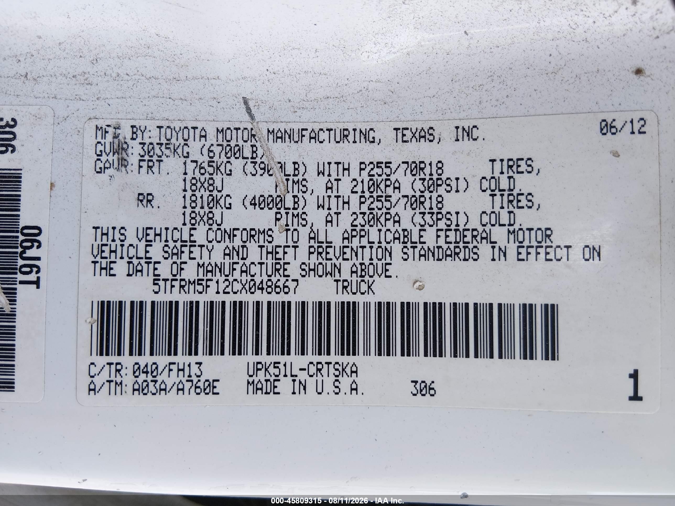 2012 Toyota Tundra Grade 4.6l V8 White vin: 5TFRM5F12CX048667