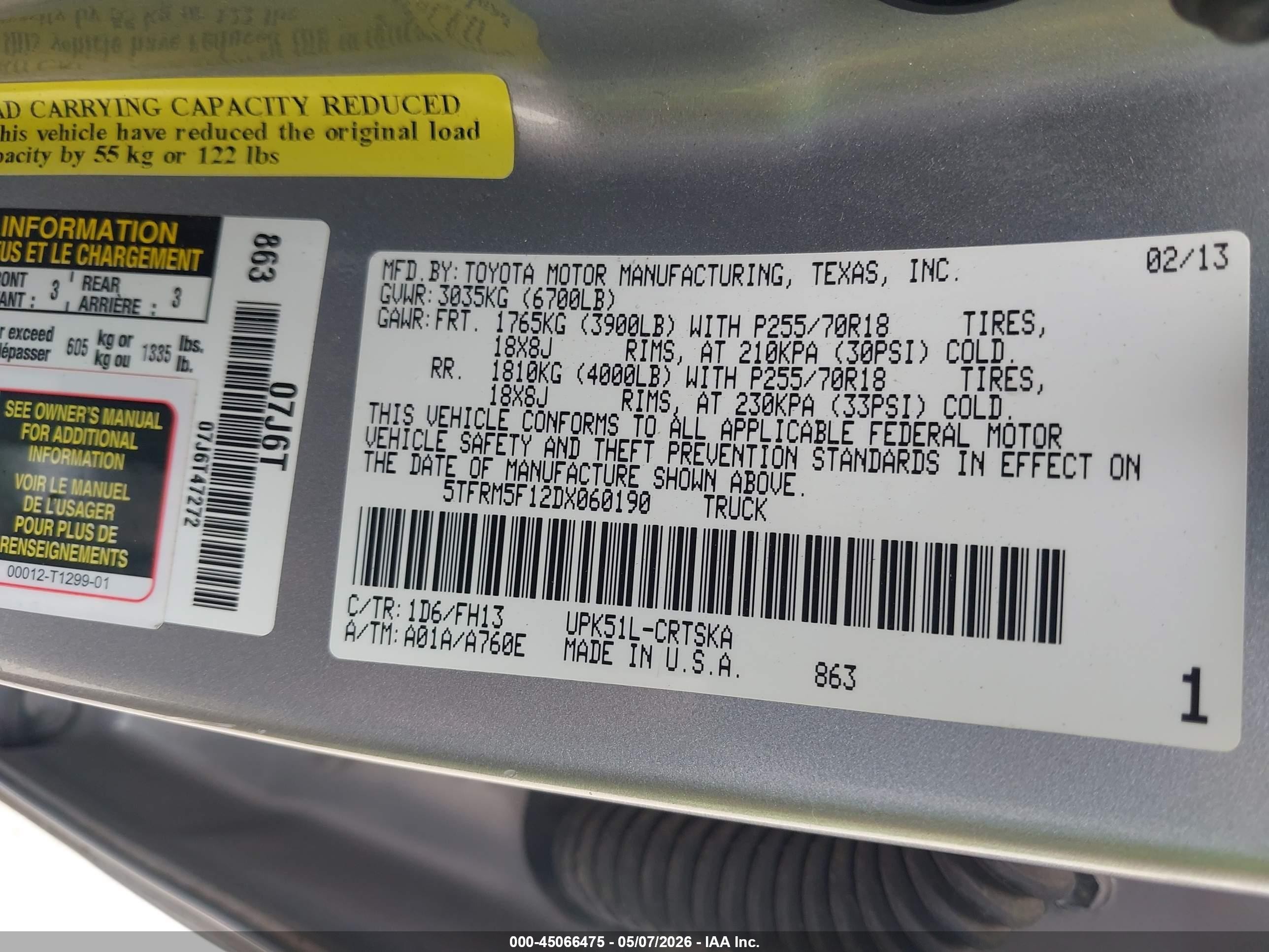 2013 Toyota Tundra Grade 4.6l V8 Gray vin: 5TFRM5F12DX060190