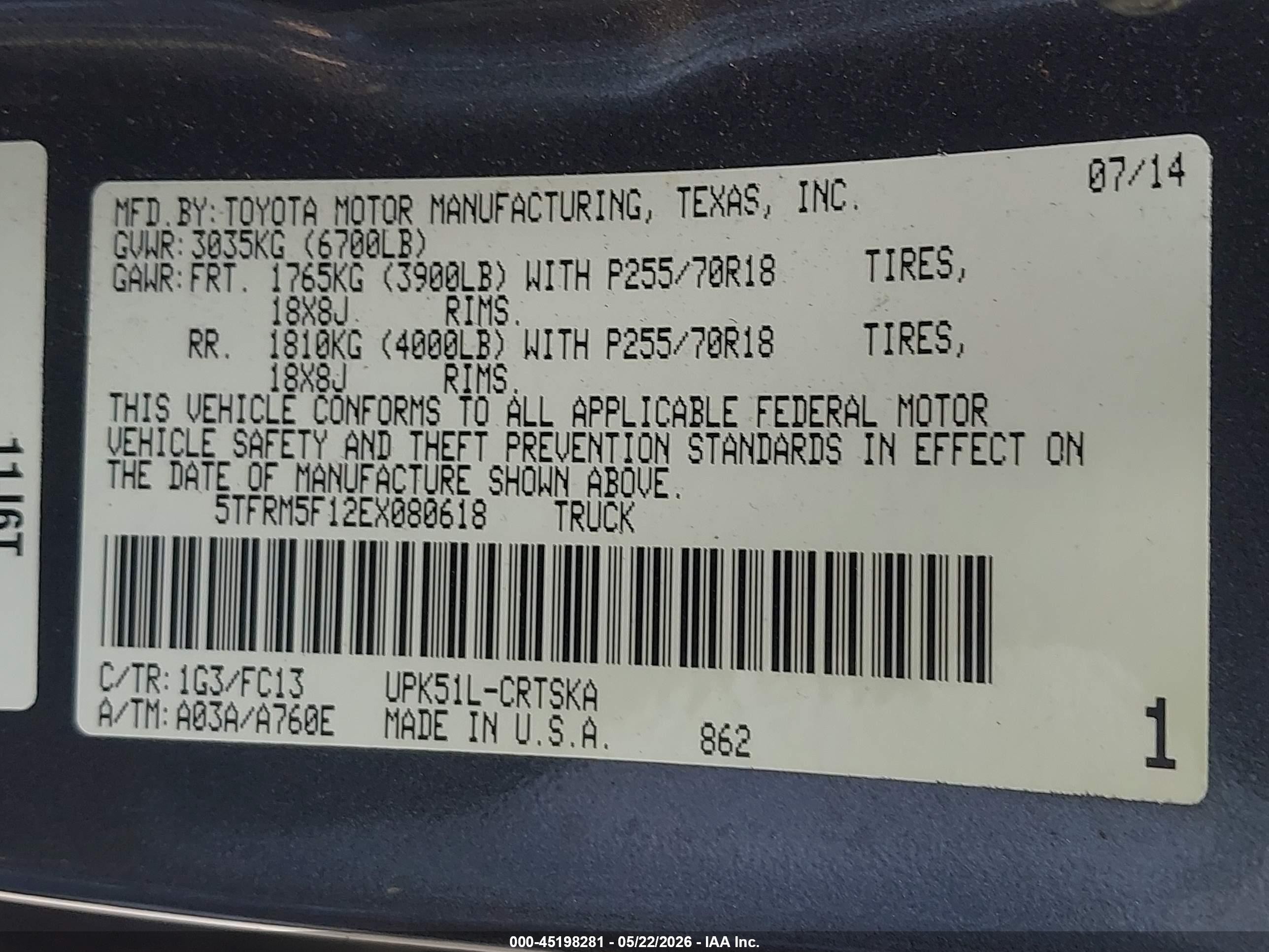 2014 Toyota Tundra Sr5 4.6l V8 Gray vin: 5TFRM5F12EX080618