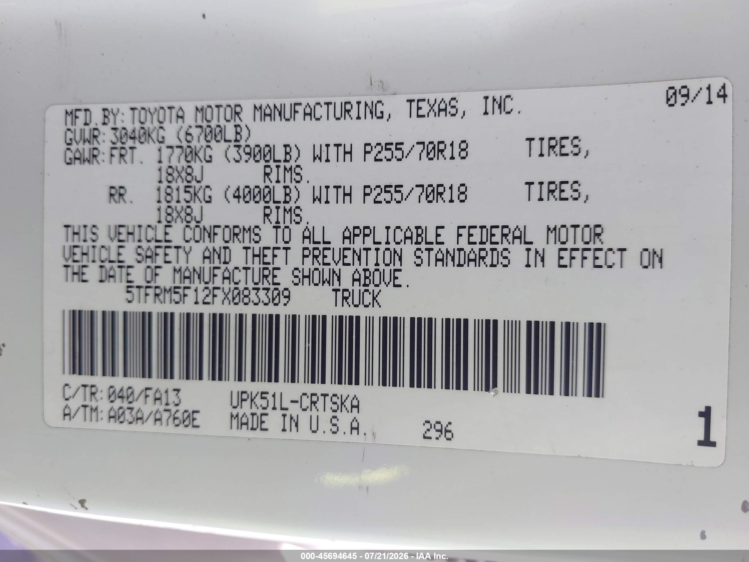 2015 Toyota Tundra Sr 4.6l V8 White vin: 5TFRM5F12FX083309