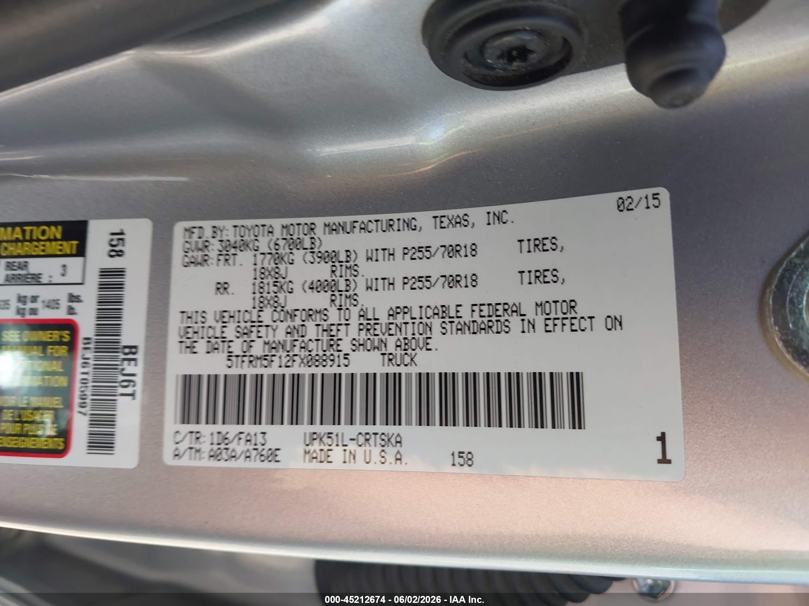 2015 Toyota Tundra Sr 4.6l V8 Silver vin: 5TFRM5F12FX088915