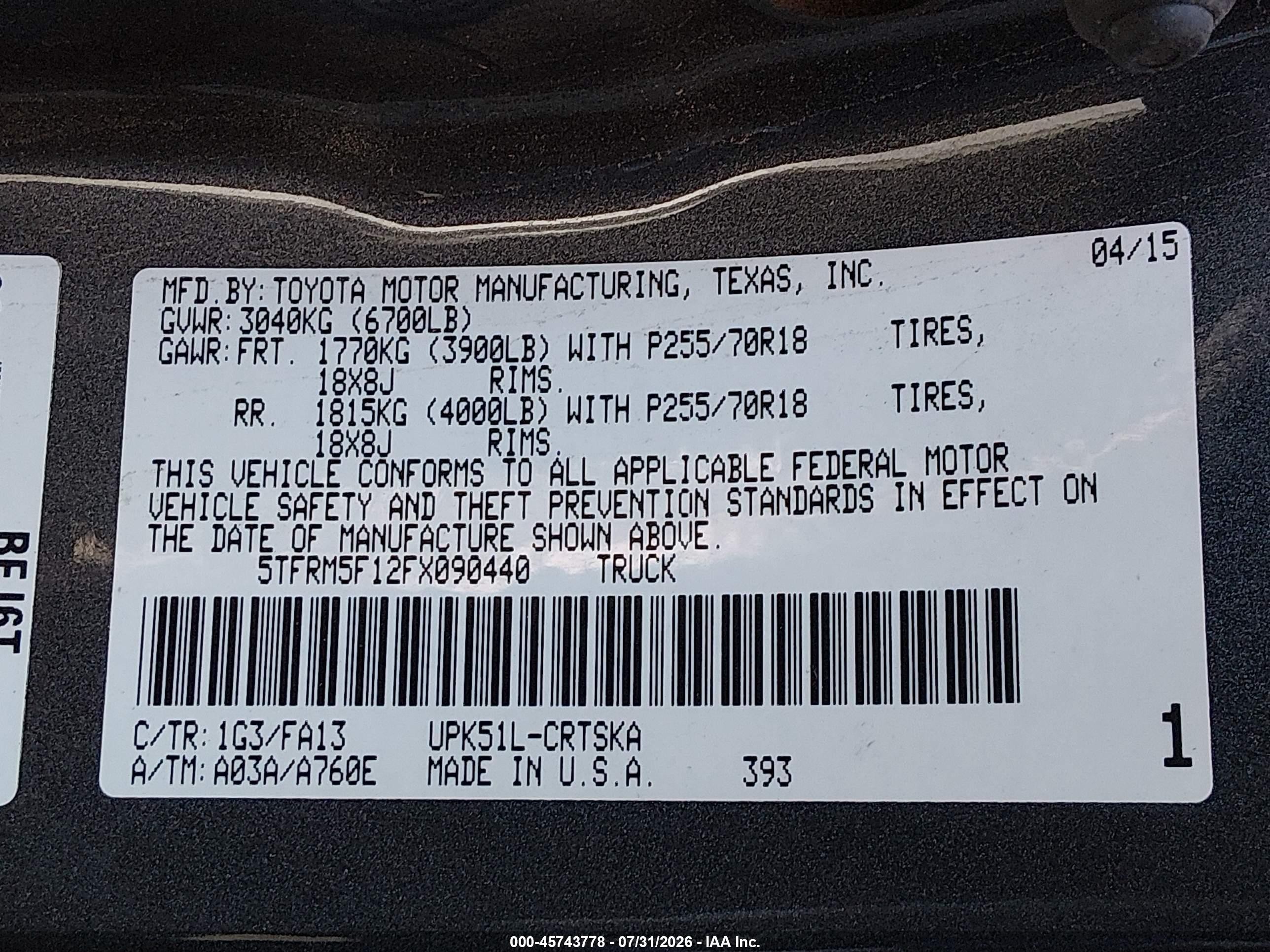 2015 Toyota Tundra Sr 4.6l V8 Gray vin: 5TFRM5F12FX090440