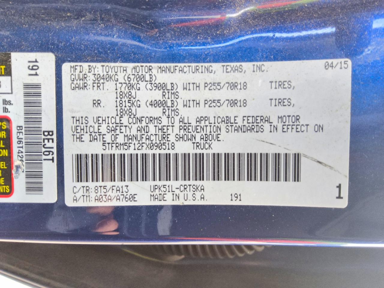 2015 Toyota Tundra Sr Blue vin: 5TFRM5F12FX090518