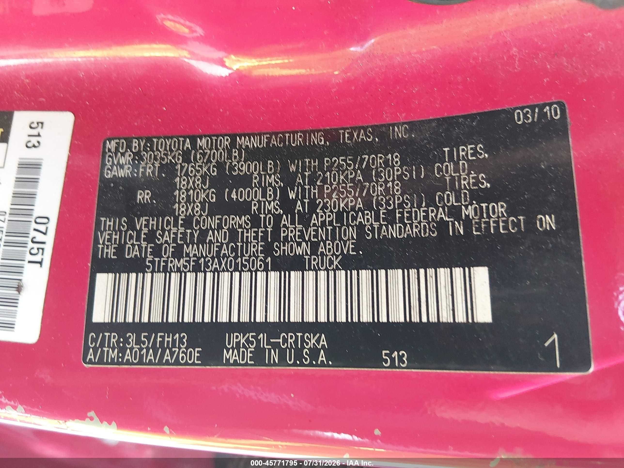 2010 Toyota Tundra Grade 4.6l V8 Red vin: 5TFRM5F13AX015061