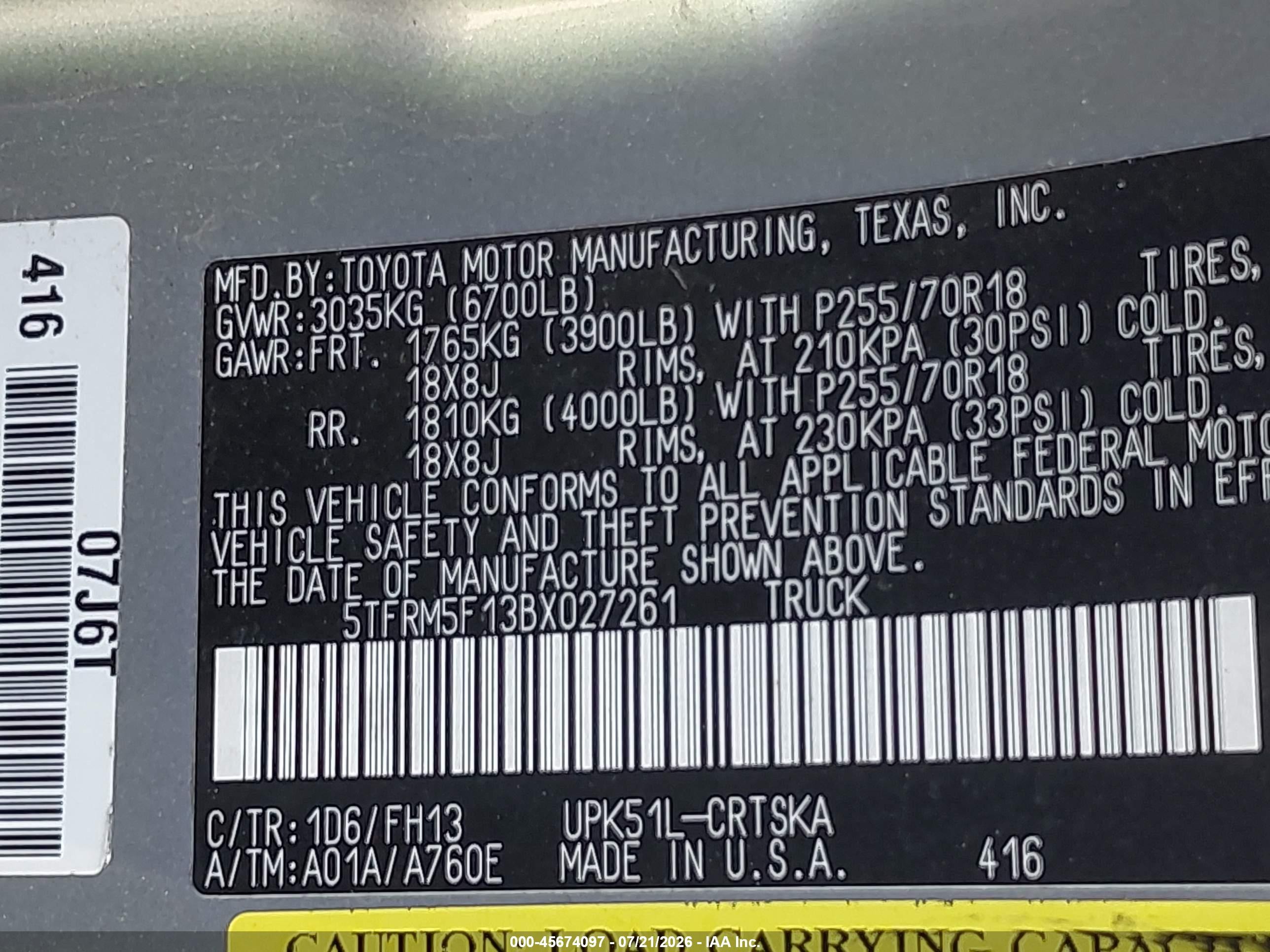 2011 Toyota Tundra Grade 4.6l V8 Silver vin: 5TFRM5F13BX027261