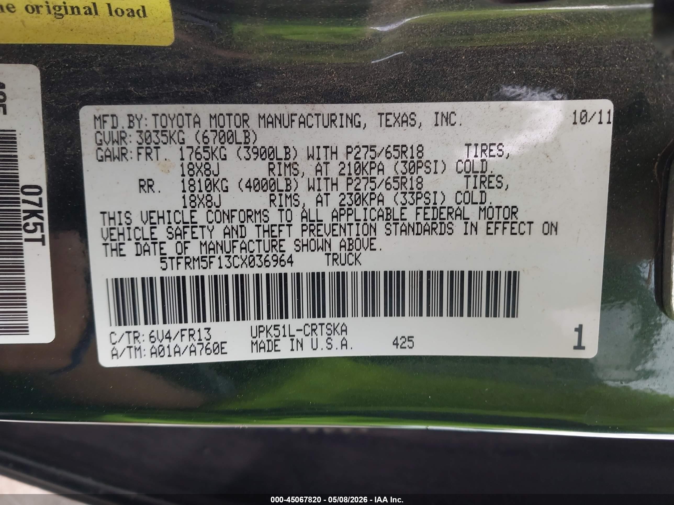 2012 Toyota Tundra Grade 4.6l V8 Green vin: 5TFRM5F13CX036964