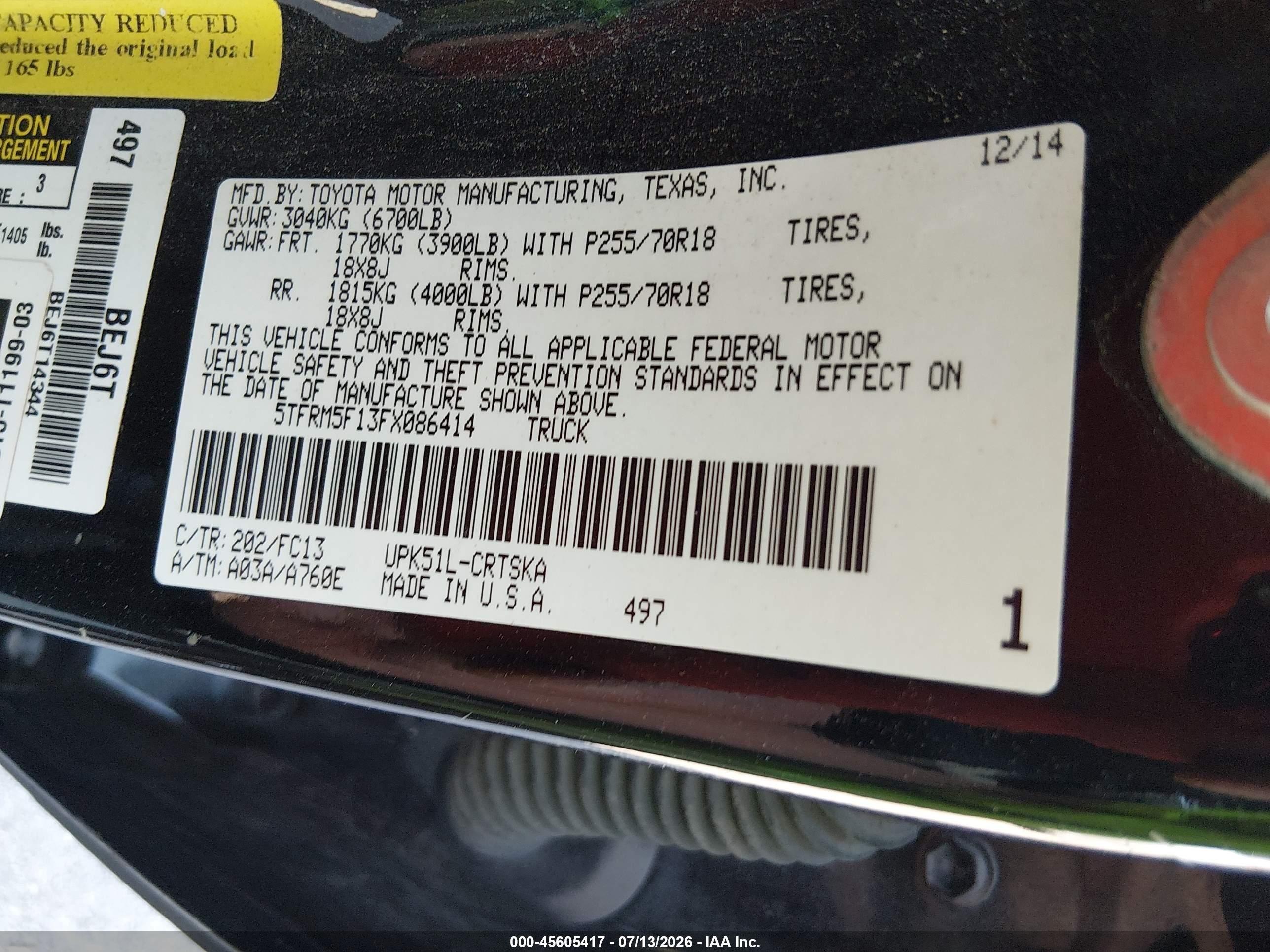 2015 Toyota Tundra Sr5 4.6l V8 Black vin: 5TFRM5F13FX086414