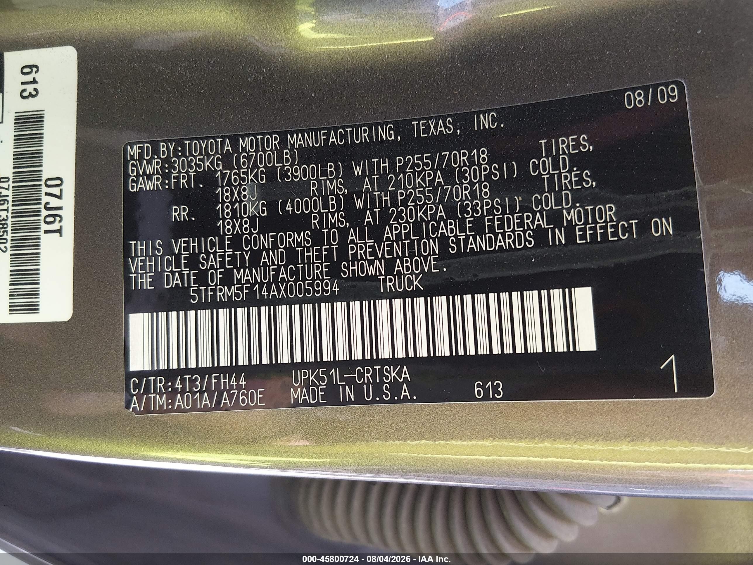 2010 Toyota Tundra Grade 4.6l V8 Brown vin: 5TFRM5F14AX005994