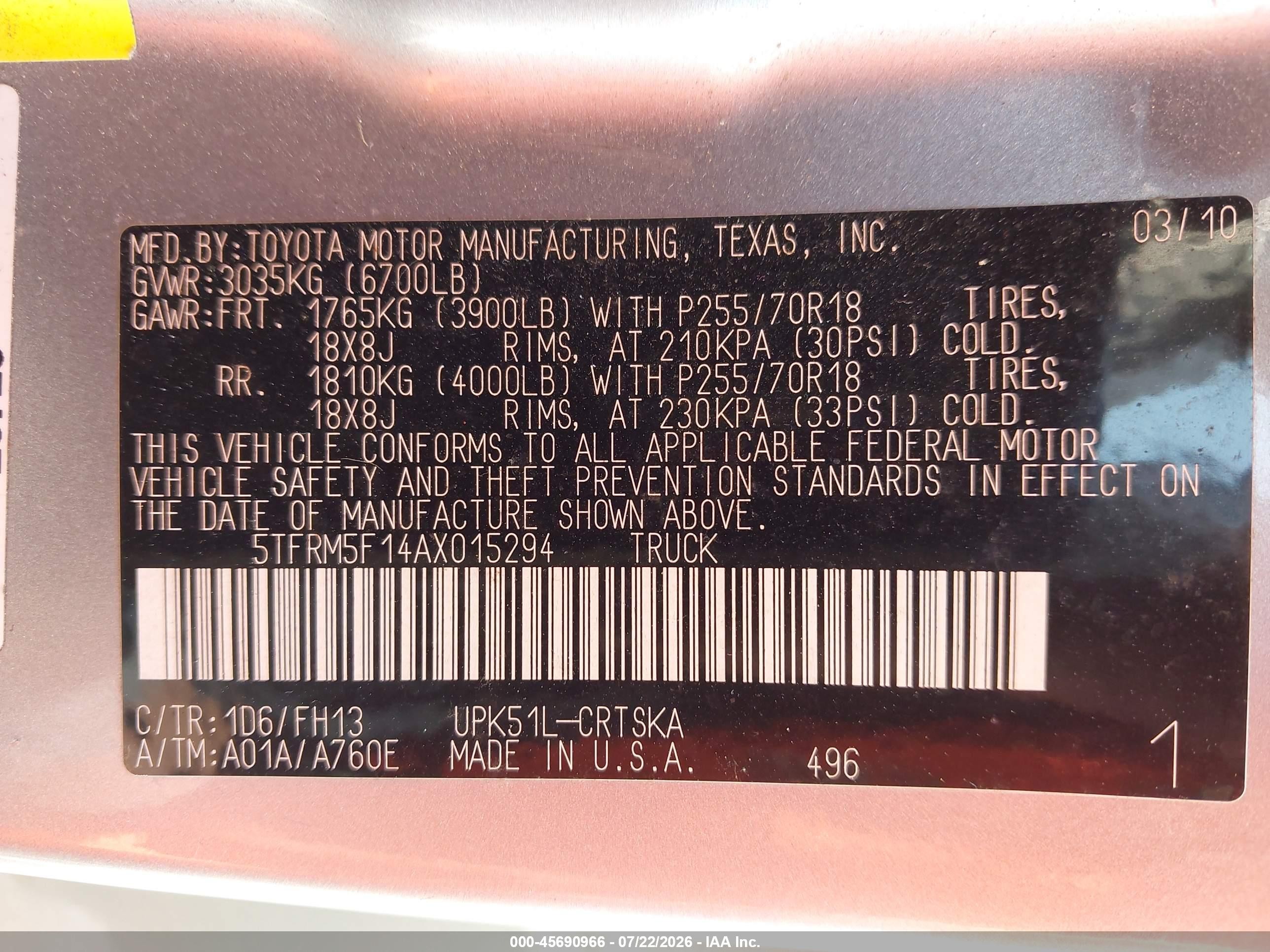 2010 Toyota Tundra Grade 4.6l V8 Silver vin: 5TFRM5F14AX015294