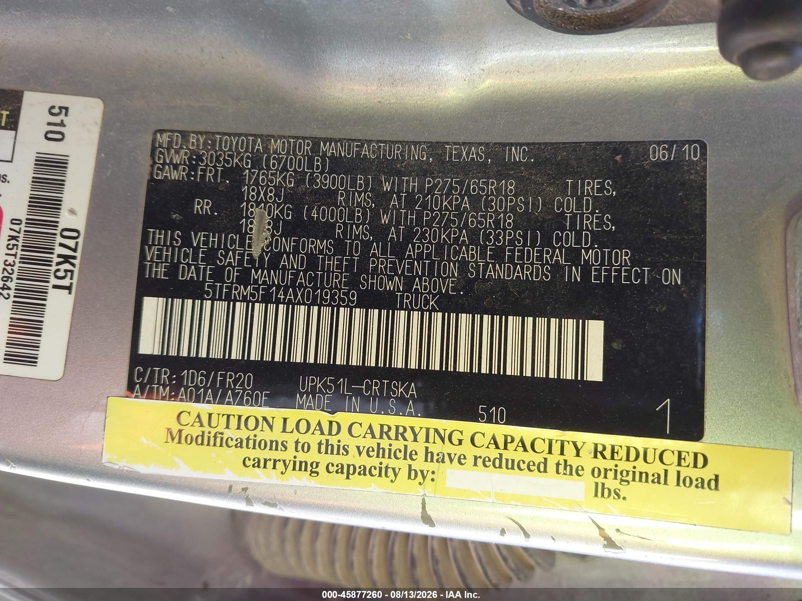 2010 Toyota Tundra Grade 4.6l V8 Silver vin: 5TFRM5F14AX019359