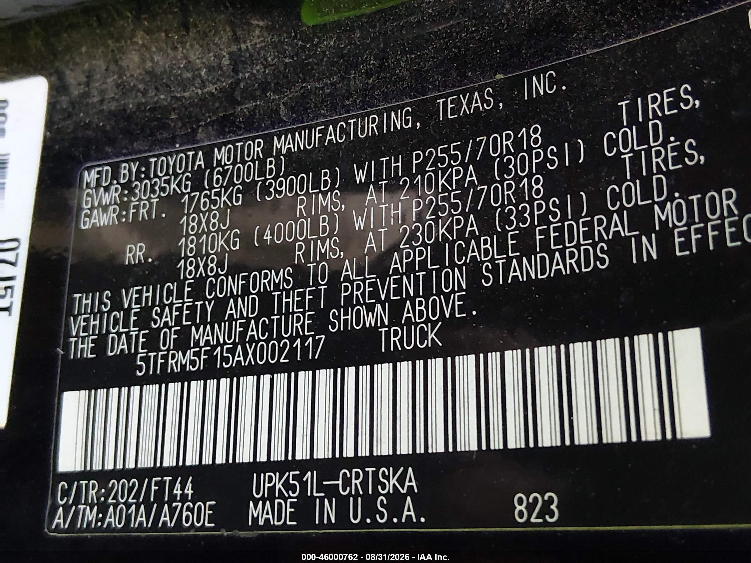 2010 Toyota Tundra Grade 4.6l V8 Black vin: 5TFRM5F15AX002117