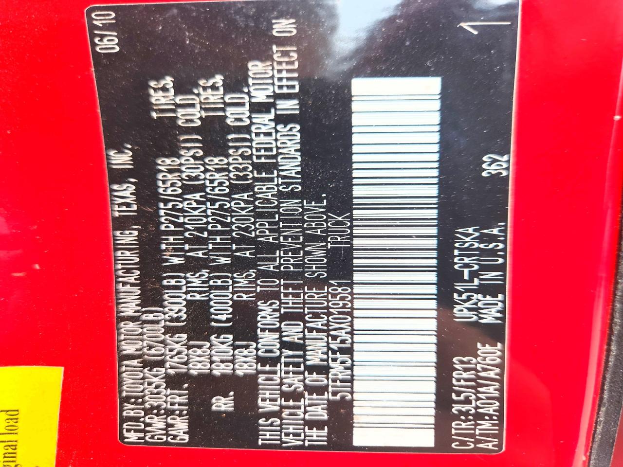 2010 Toyota Tundra Red vin: 5TFRM5F15AX019581