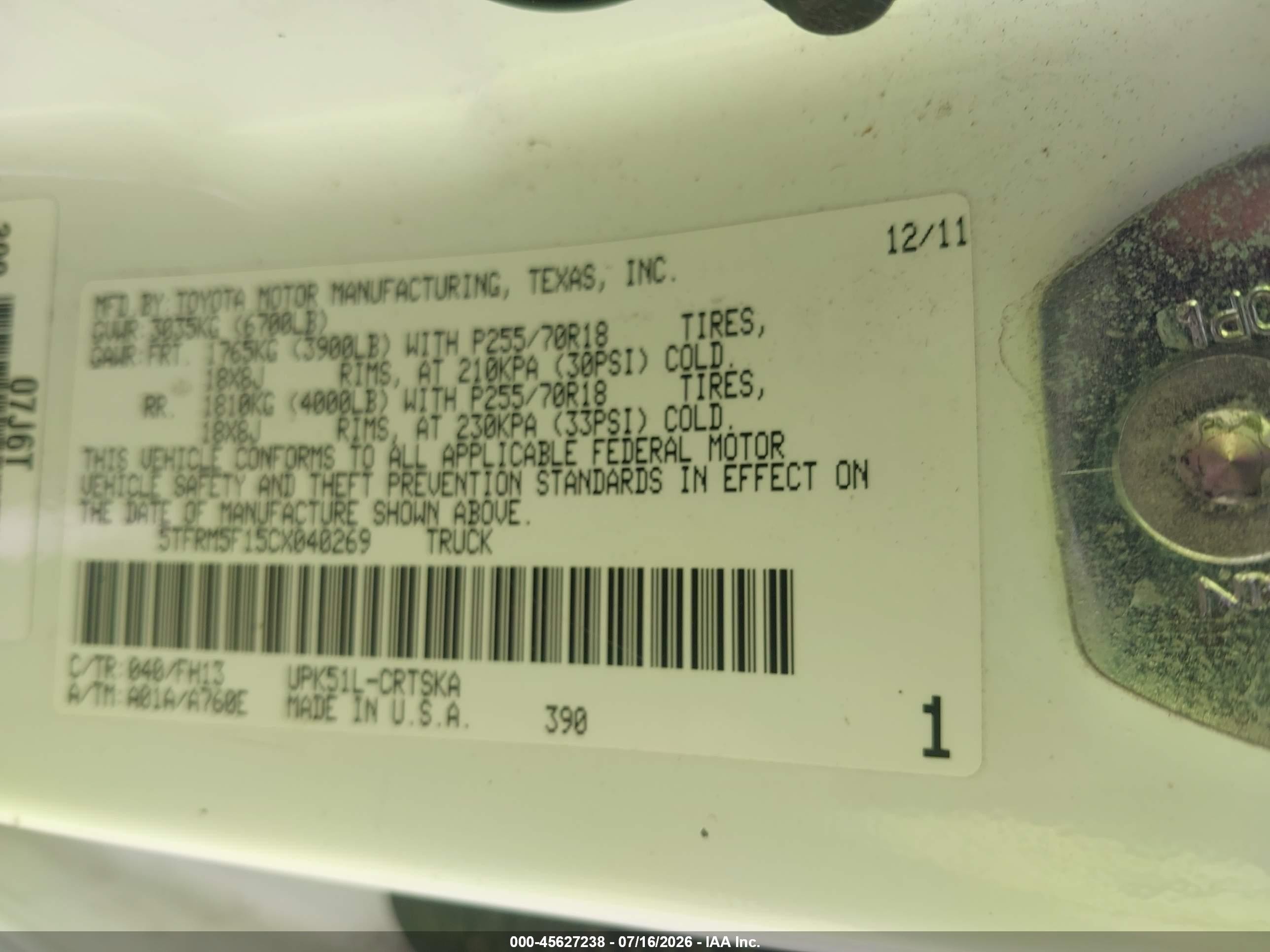 2012 Toyota Tundra Grade 4.6l V8 White vin: 5TFRM5F15CX040269