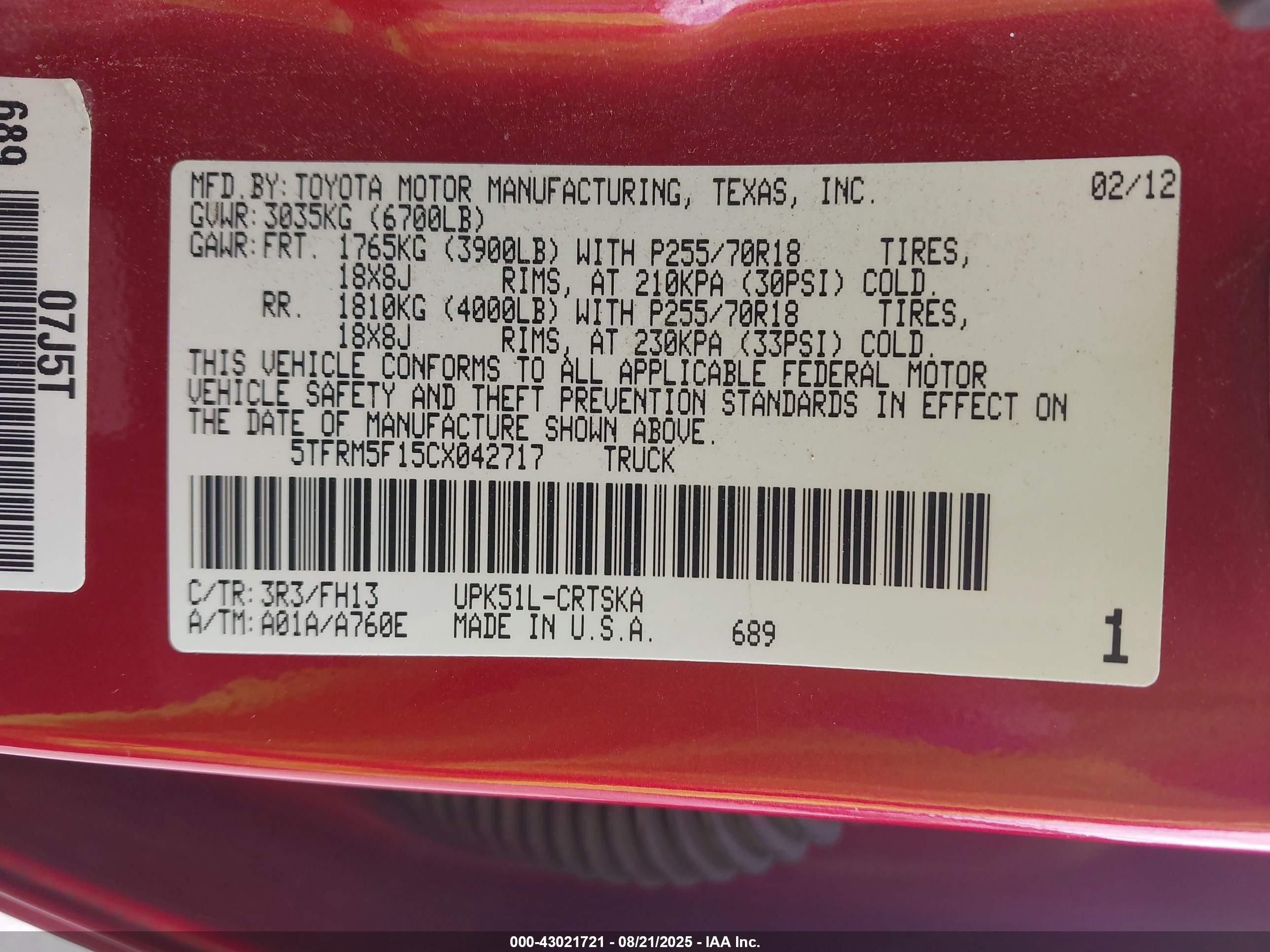 2012 Toyota Tundra Grade 4.6l V8 Burgundy vin: 5TFRM5F15CX042717
