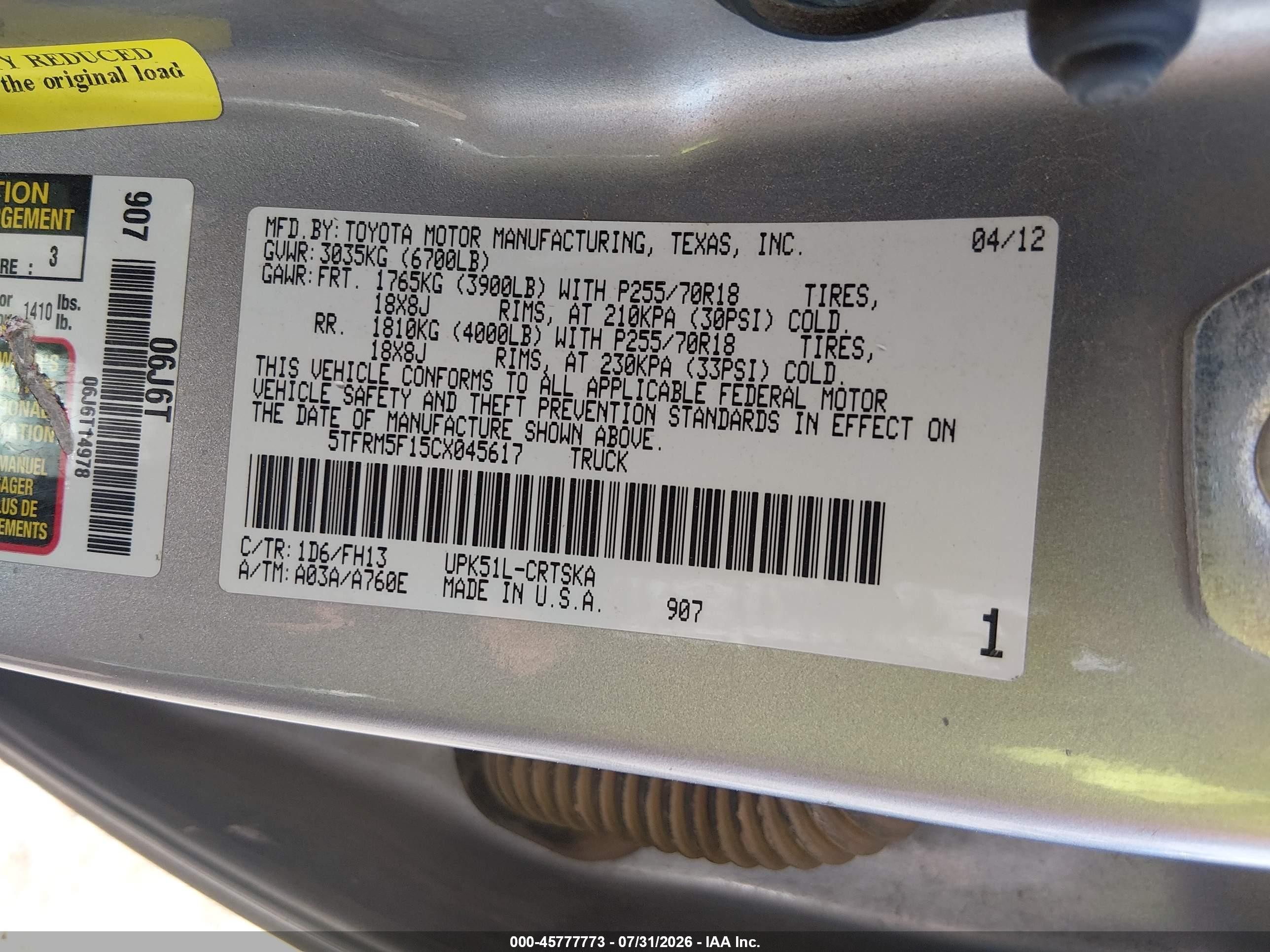 2012 Toyota Tundra Grade 4.6l V8 Silver vin: 5TFRM5F15CX045617