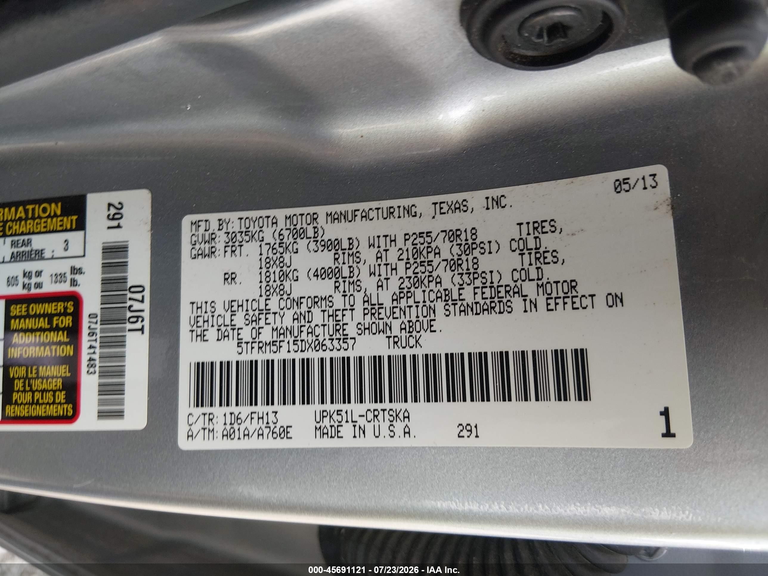 2013 Toyota Tundra Grade 4.6l V8 Silver vin: 5TFRM5F15DX063357