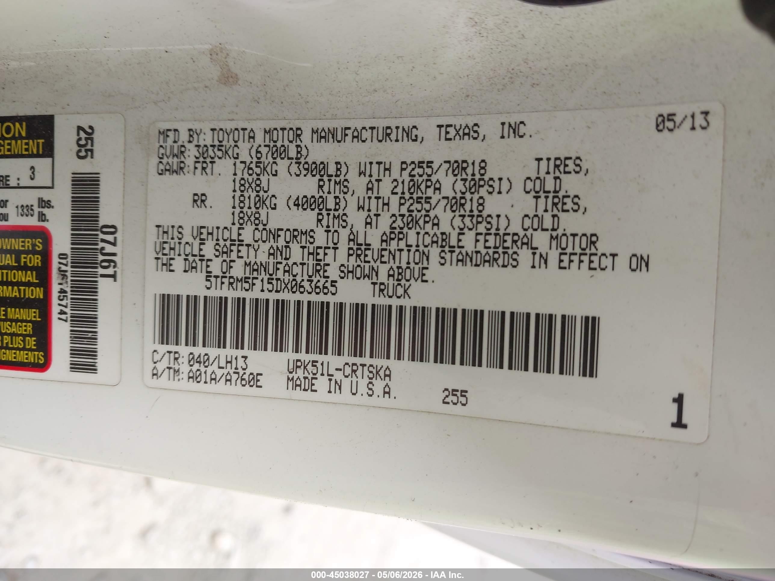 2013 Toyota Tundra Grade 4.6l V8 White vin: 5TFRM5F15DX063665