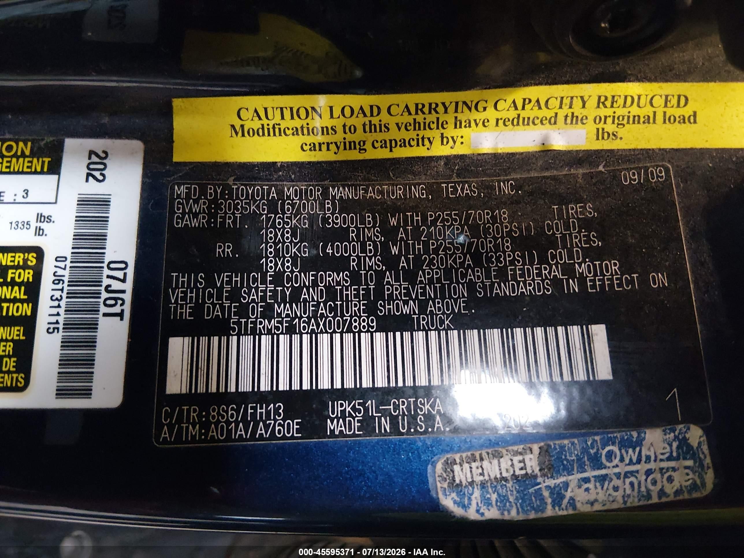 2010 Toyota Tundra Grade 4.6l V8 Blue vin: 5TFRM5F16AX007889