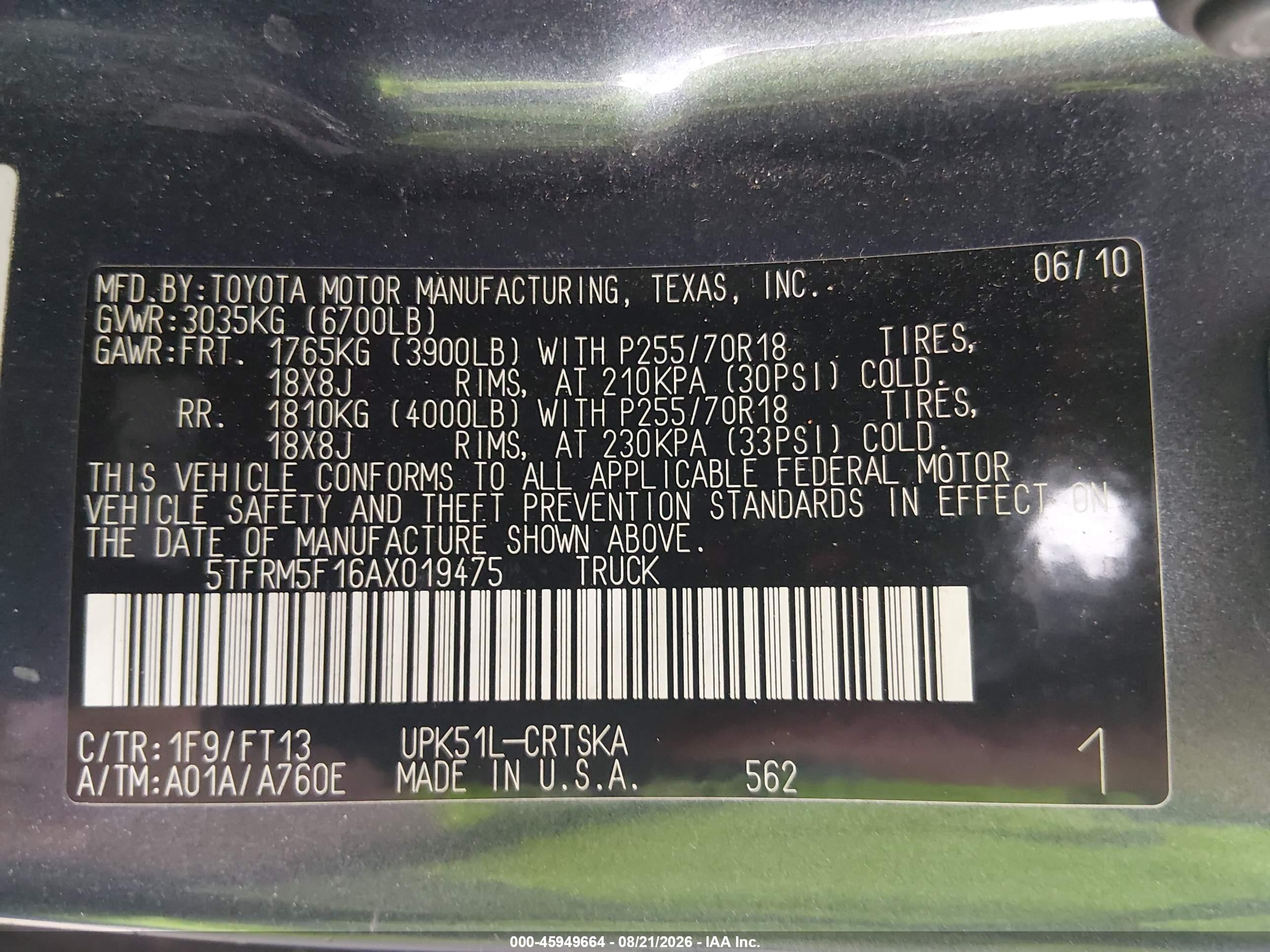 2010 Toyota Tundra Grade 4.6l V8 Gray vin: 5TFRM5F16AX019475