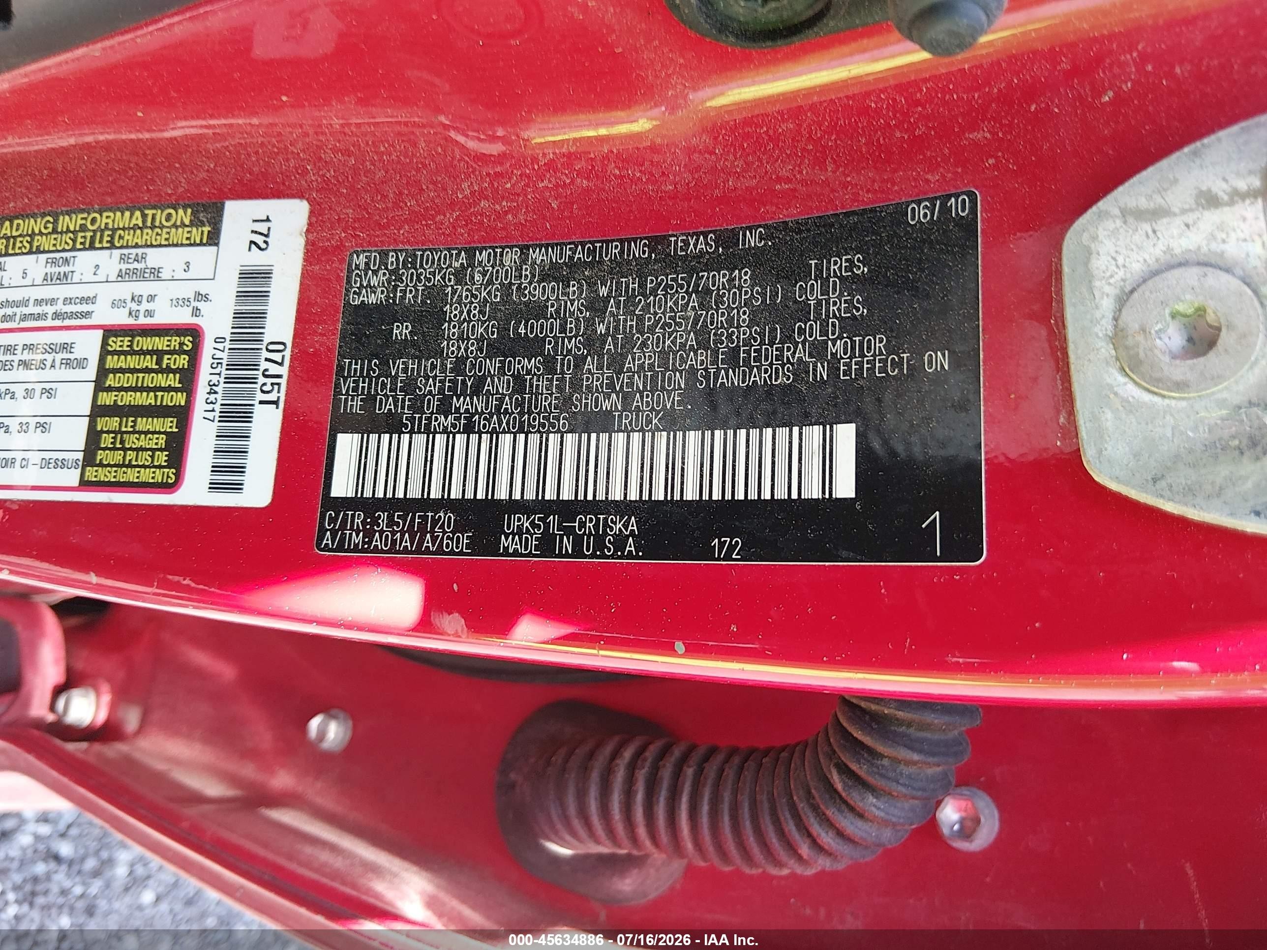 2010 Toyota Tundra Grade 4.6l V8 Red vin: 5TFRM5F16AX019556