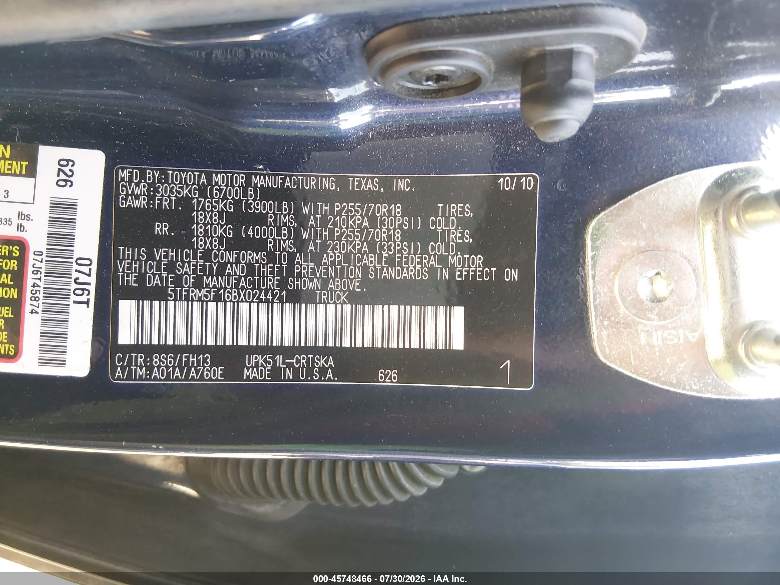 2011 Toyota Tundra Grade 4.6l V8 Blue vin: 5TFRM5F16BX024421