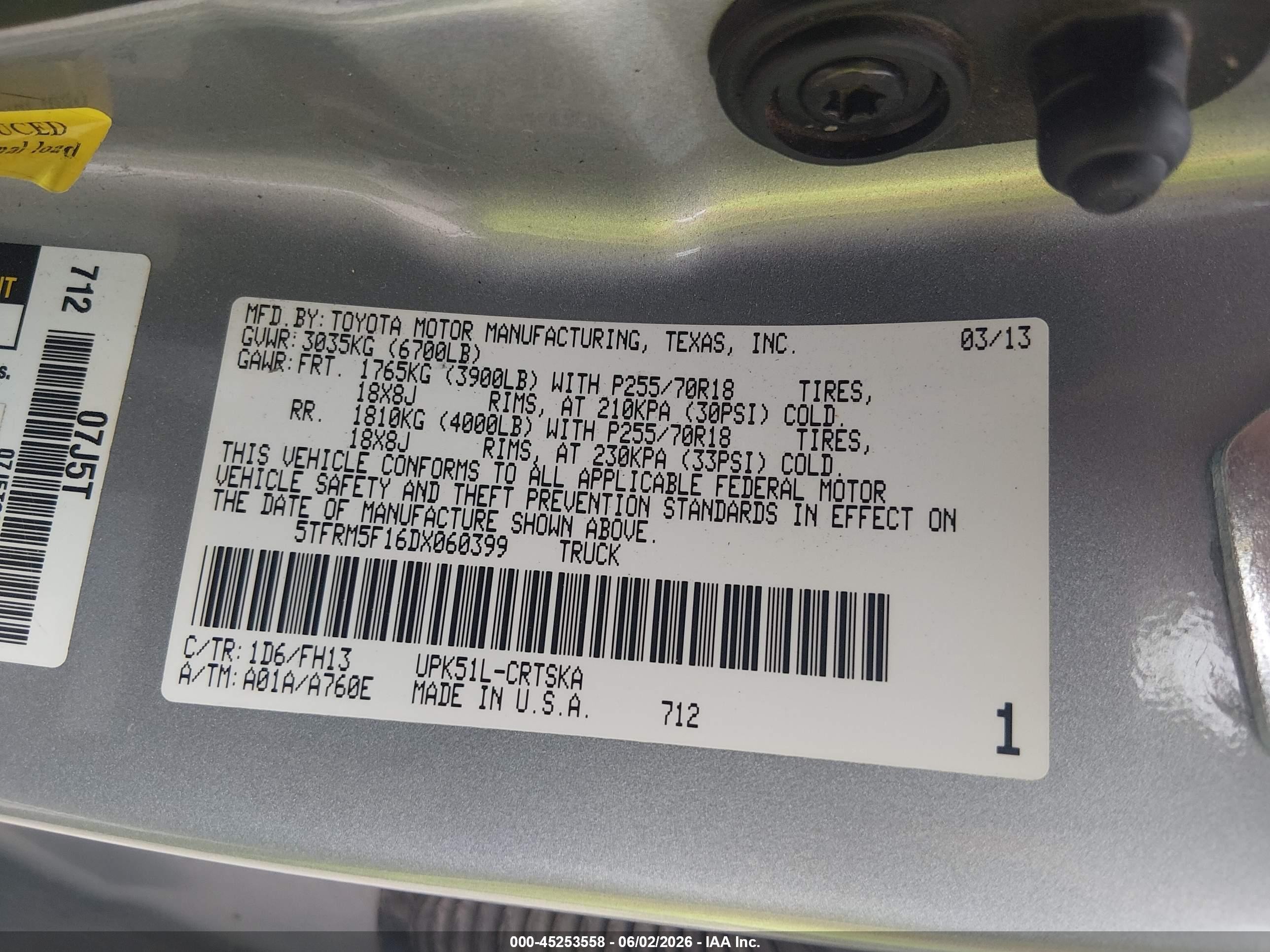 2013 Toyota Tundra Grade 4.6l V8 Gray vin: 5TFRM5F16DX060399