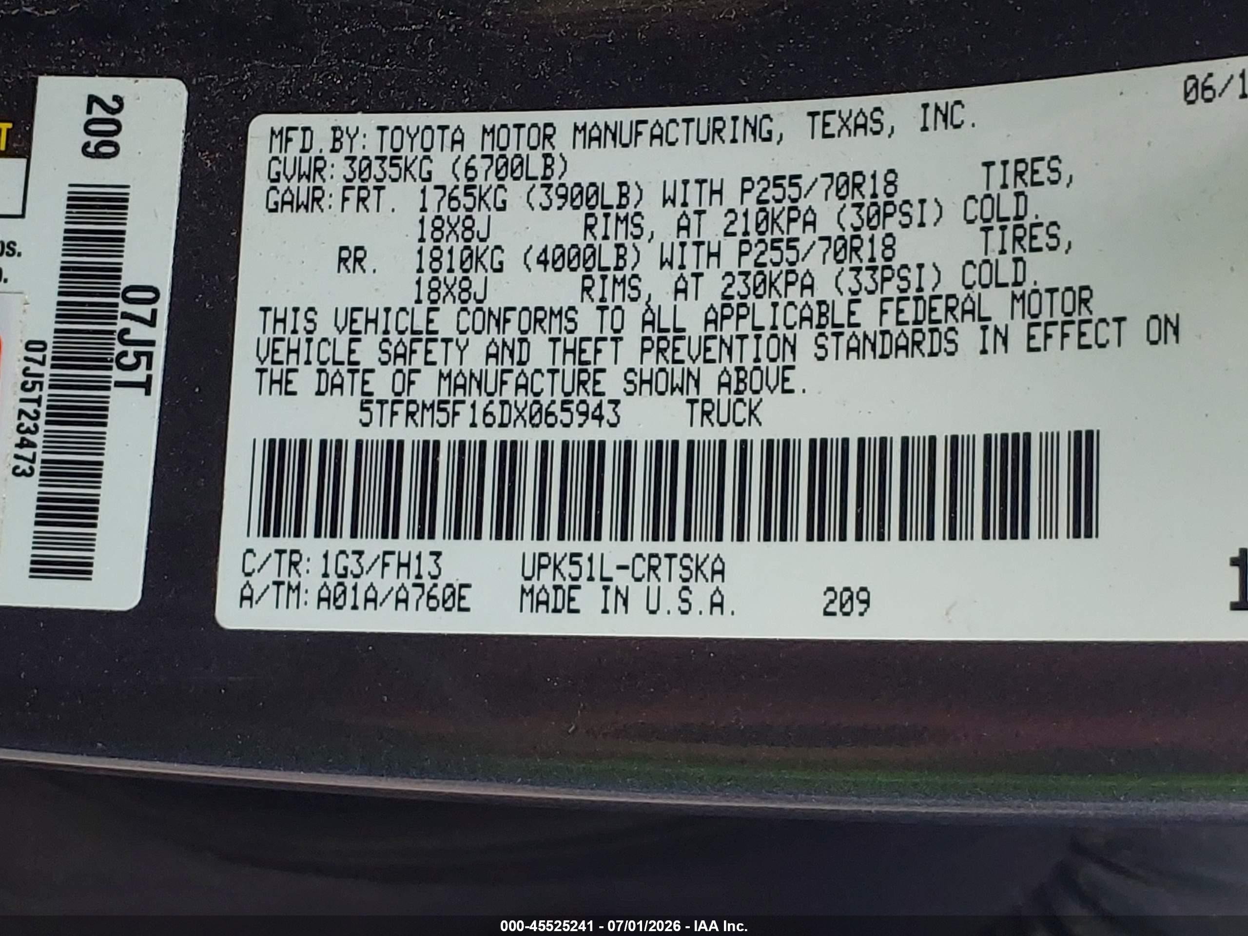2013 Toyota Tundra Grade 4.6l V8 Gray vin: 5TFRM5F16DX065943