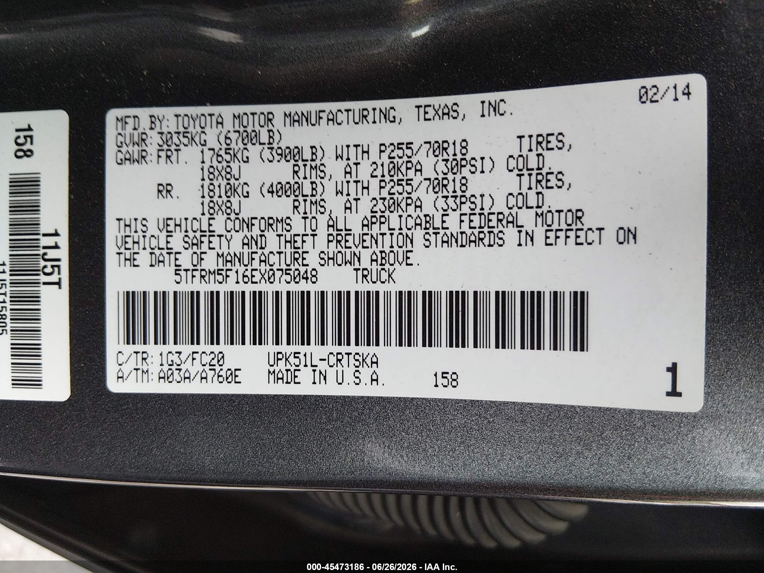 2014 Toyota Tundra Sr5 4.6l V8 Серый vin: 5TFRM5F16EX075048