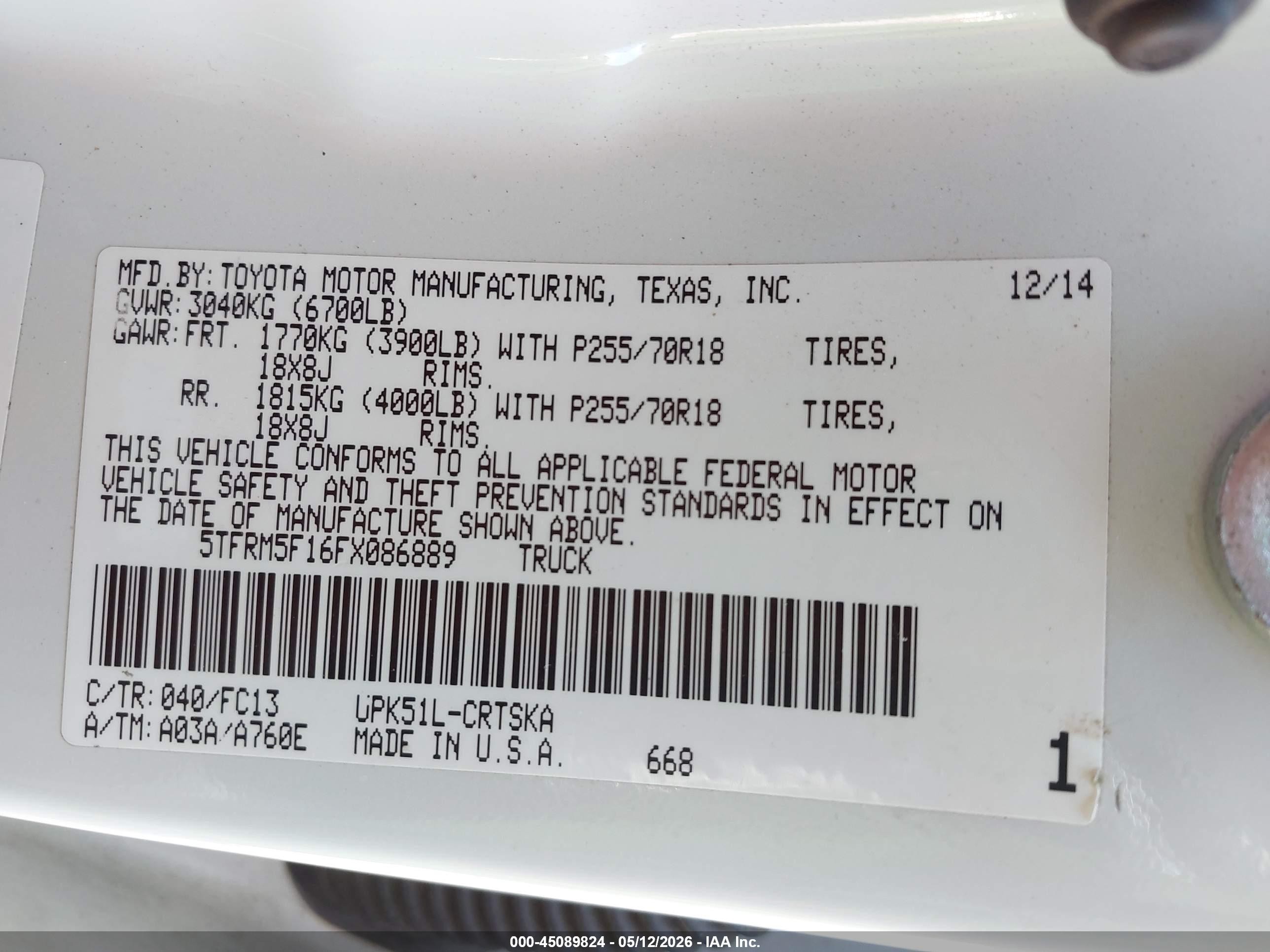 2015 Toyota Tundra Sr5 4.6l V8 White vin: 5TFRM5F16FX086889