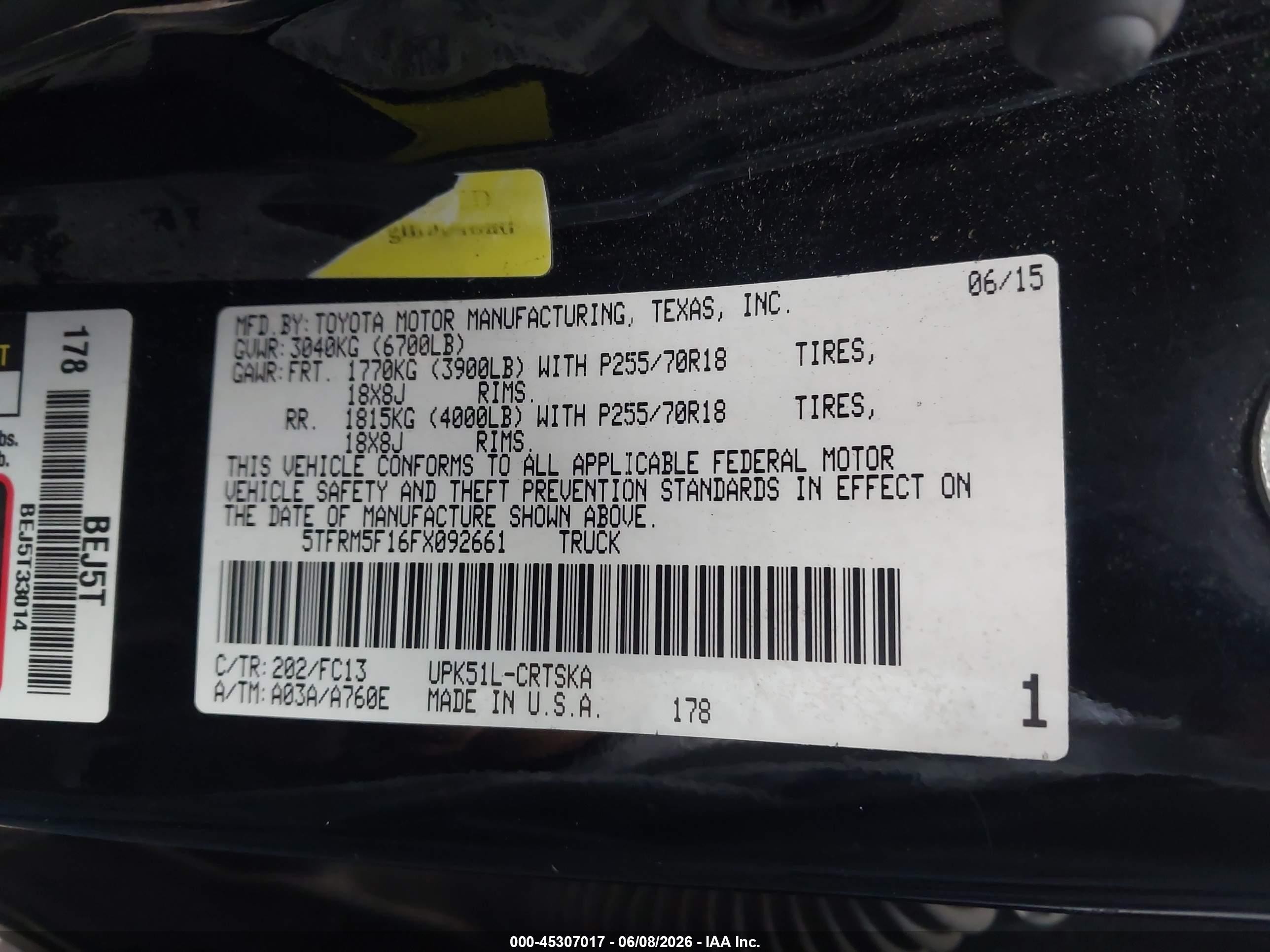 2015 Toyota Tundra Sr5 4.6l V8 Black vin: 5TFRM5F16FX092661