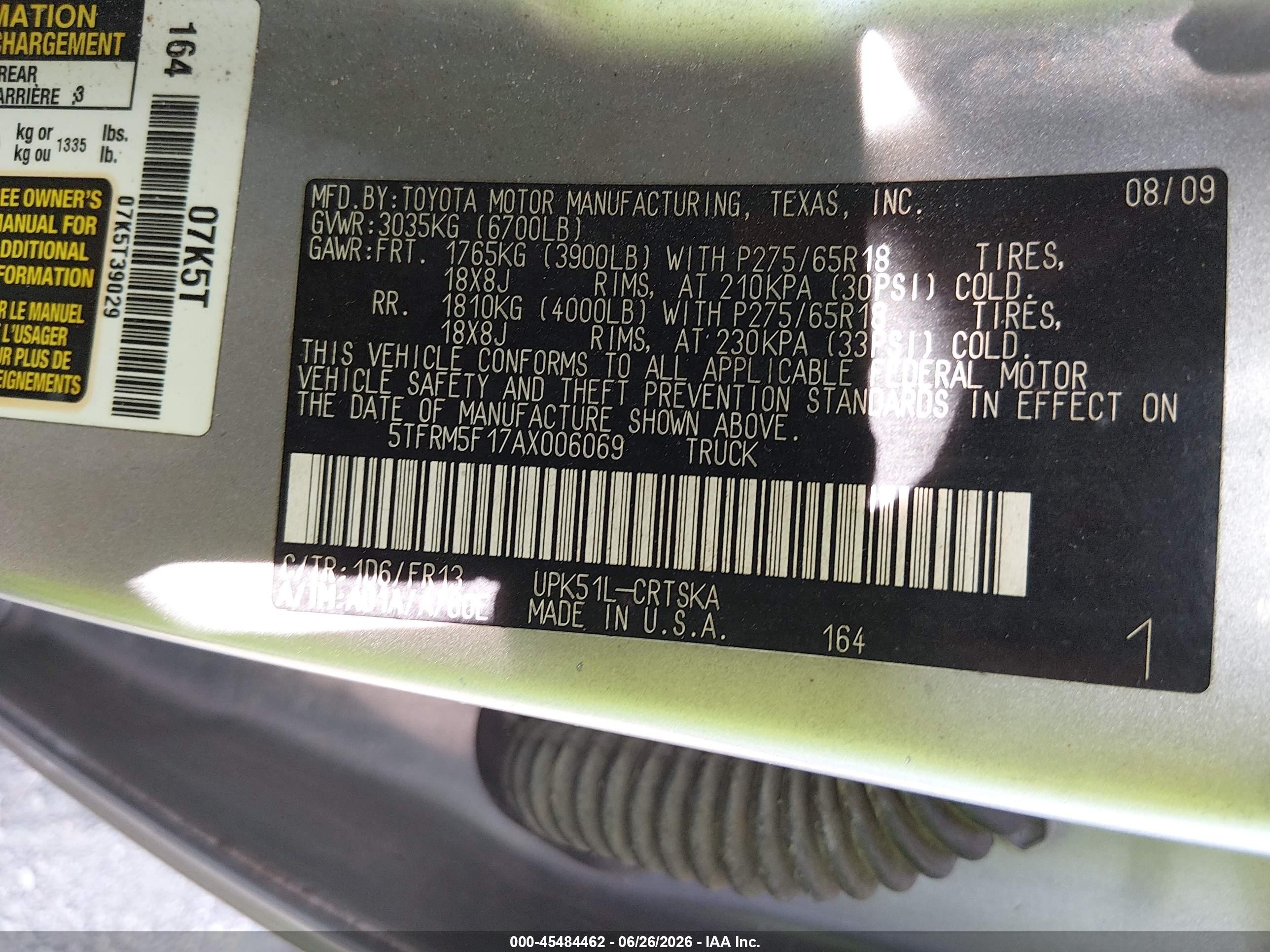 2010 Toyota Tundra Grade 4.6l V8 Silver vin: 5TFRM5F17AX006069