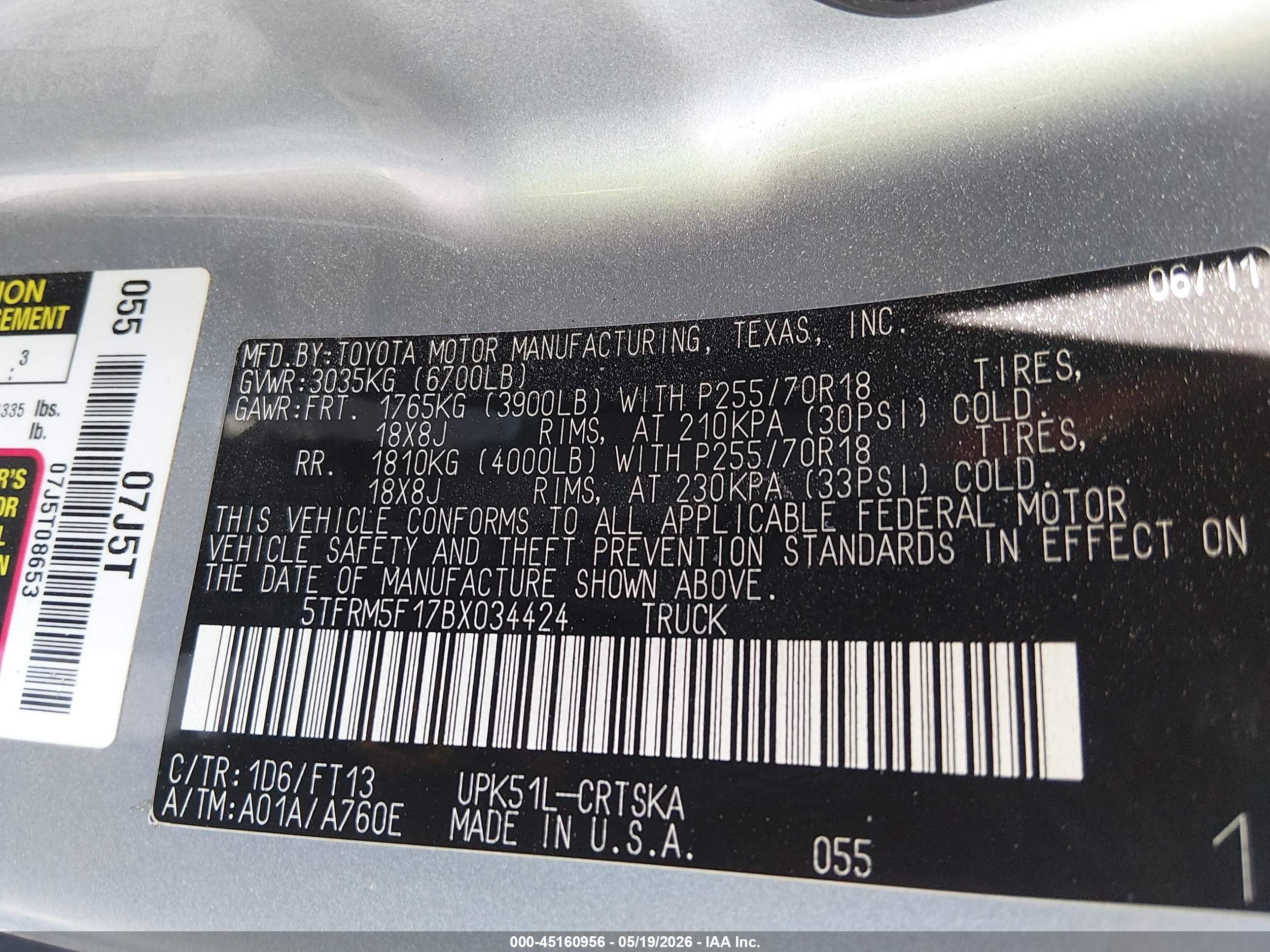 2011 Toyota Tundra Grade 4.6l V8 Silver vin: 5TFRM5F17BX034424
