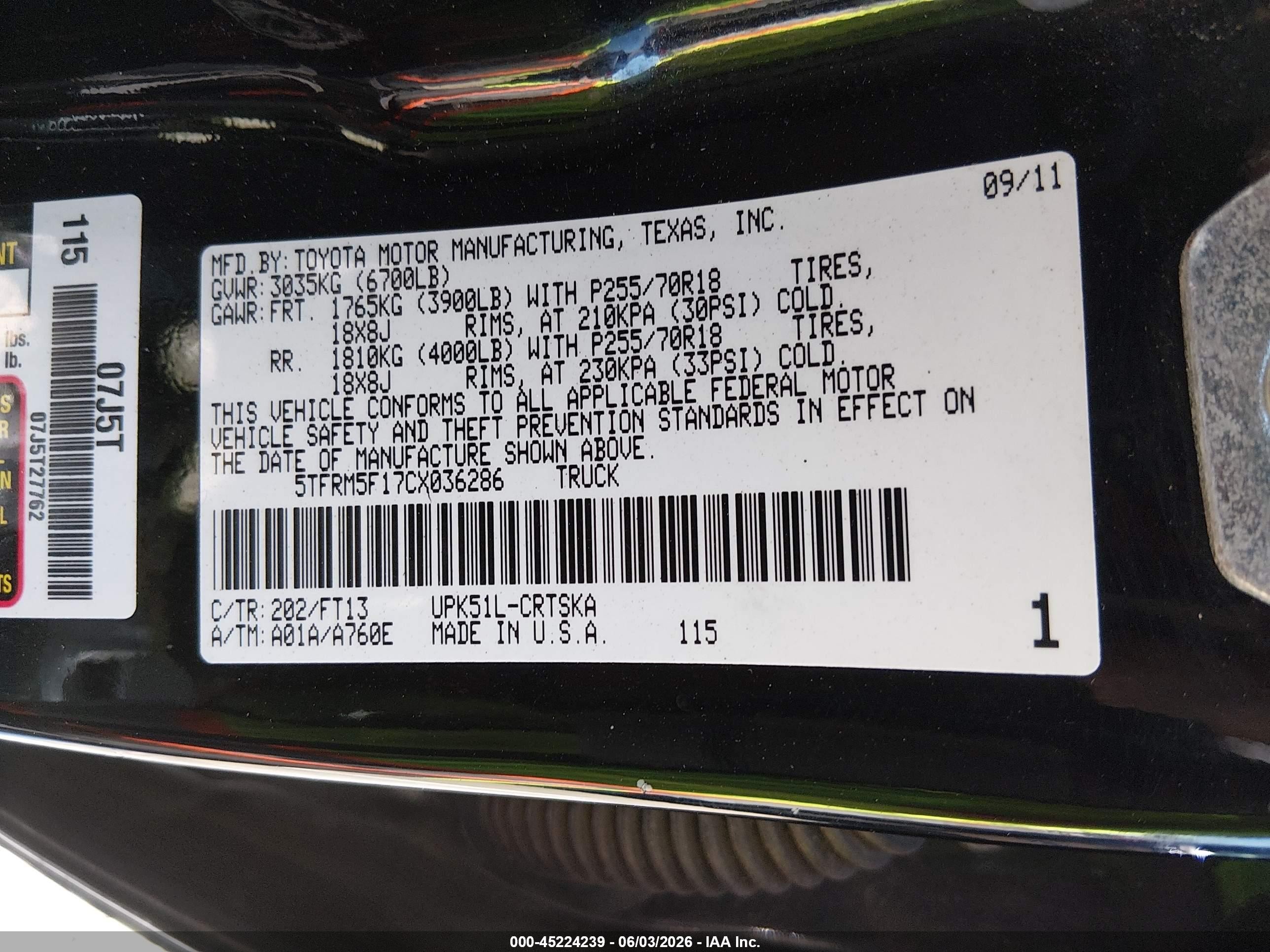 2012 Toyota Tundra Grade 4.6l V8 Black vin: 5TFRM5F17CX036286