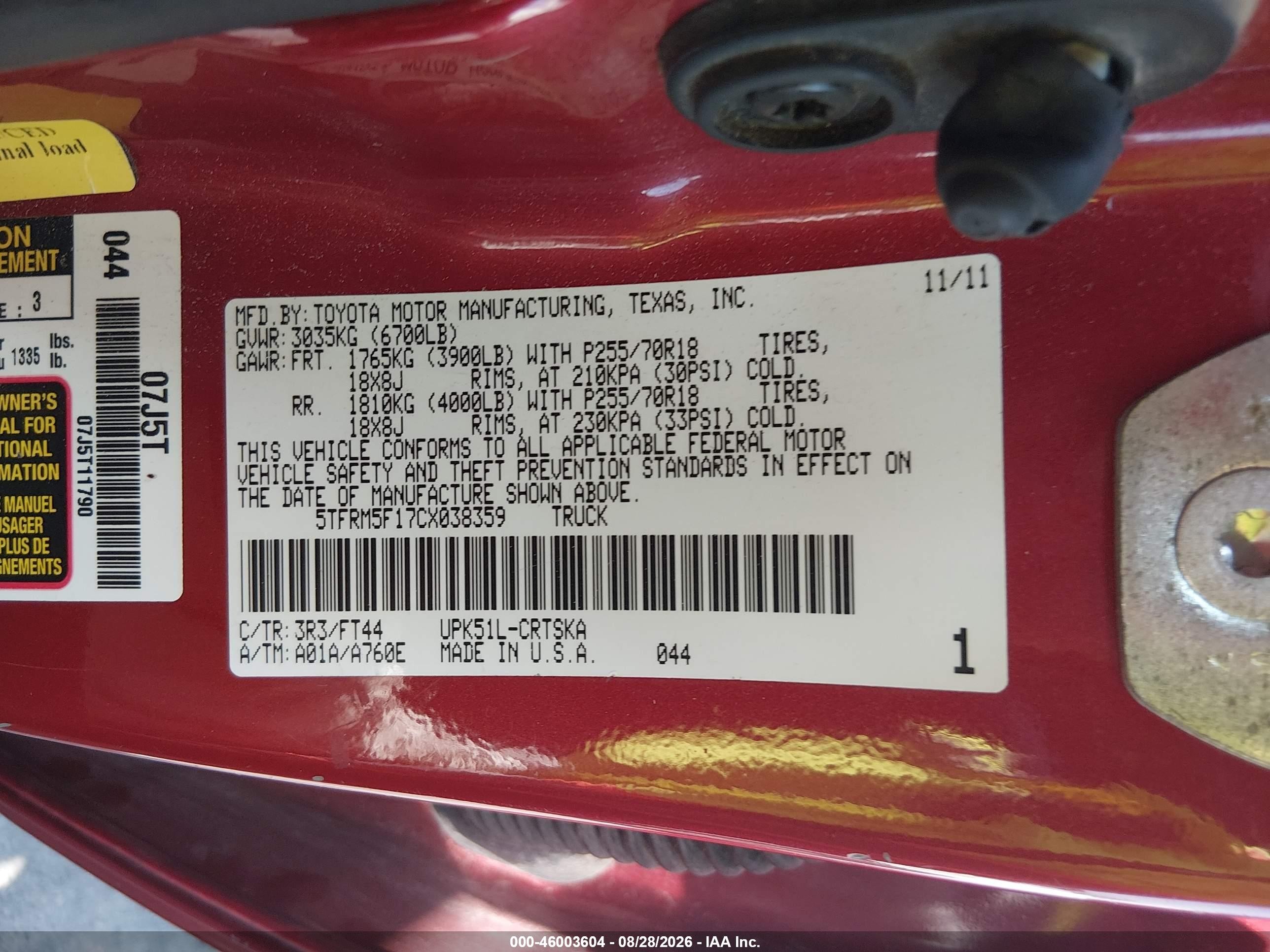 2012 Toyota Tundra Grade 4.6l V8 Red vin: 5TFRM5F17CX038359