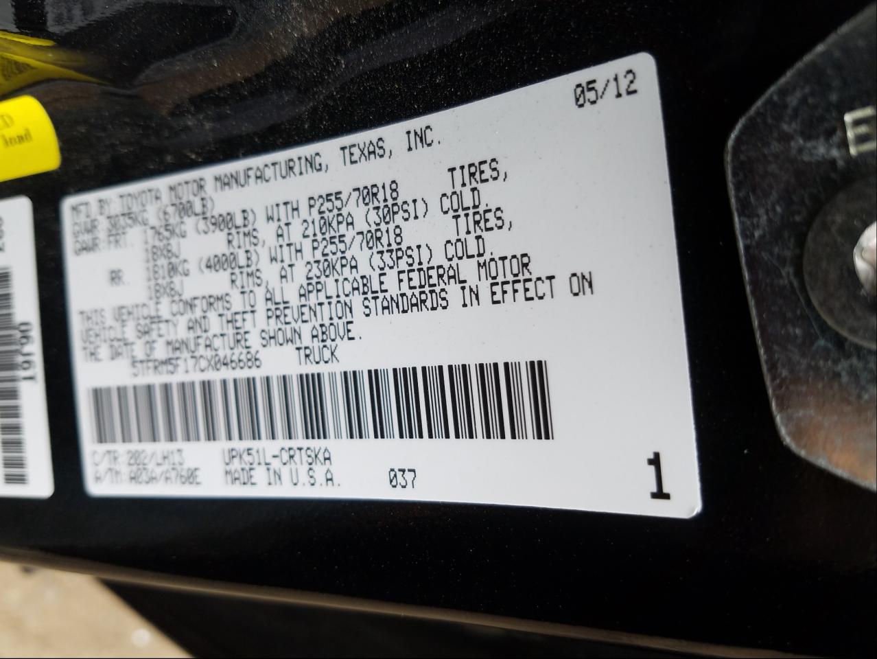 2012 Toyota Tundra Double Cab Sr5 Black vin: 5TFRM5F17CX046686