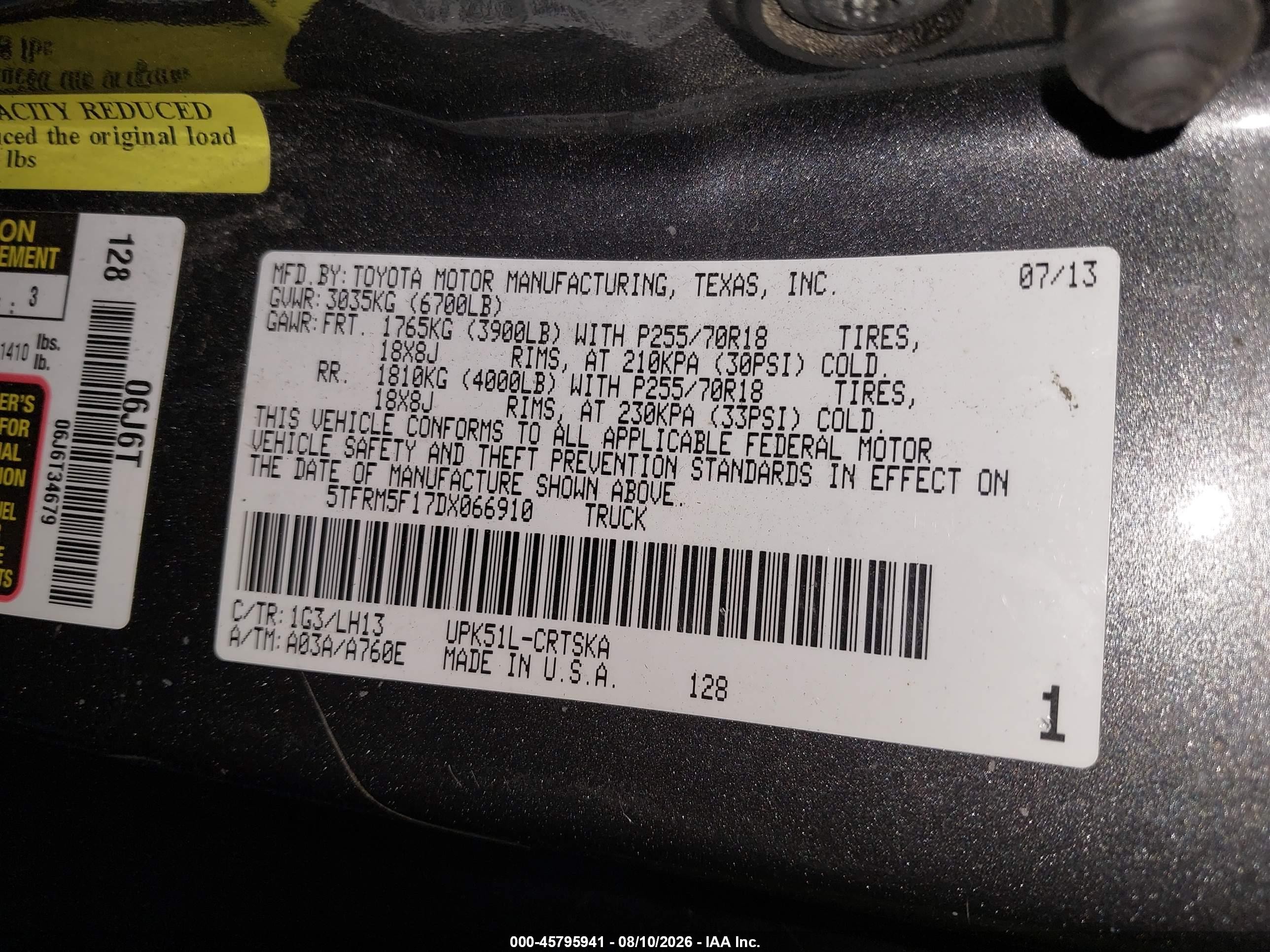 2013 Toyota Tundra Grade 4.6l V8 Gray vin: 5TFRM5F17DX066910