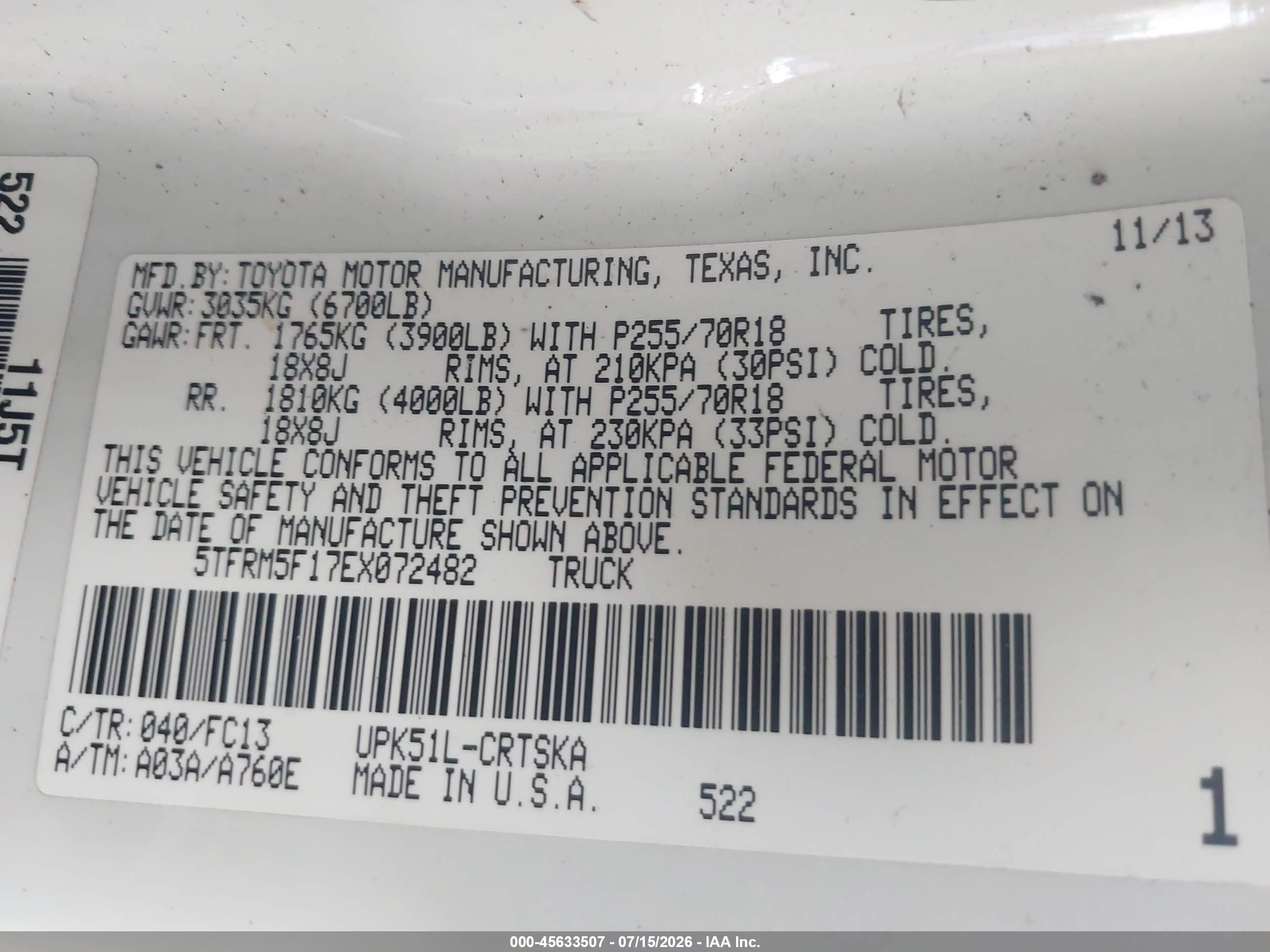 2014 Toyota Tundra Sr5 4.6l V8 White vin: 5TFRM5F17EX072482