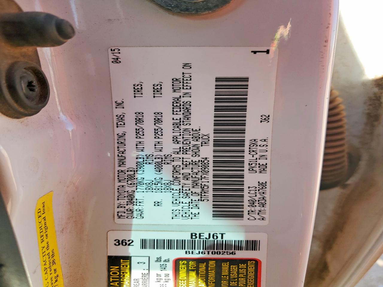 2015 Toyota Tundra Sr White vin: 5TFRM5F17FX090854