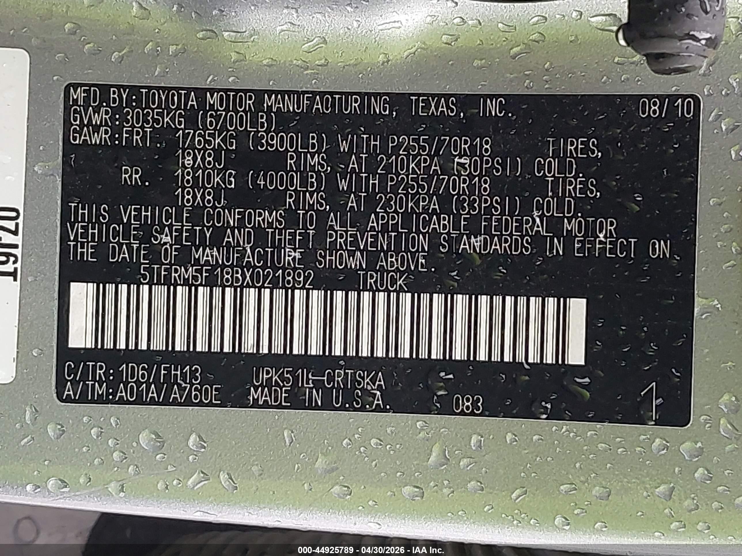 2011 Toyota Tundra Grade 4.6l V8 Silver vin: 5TFRM5F18BX021892
