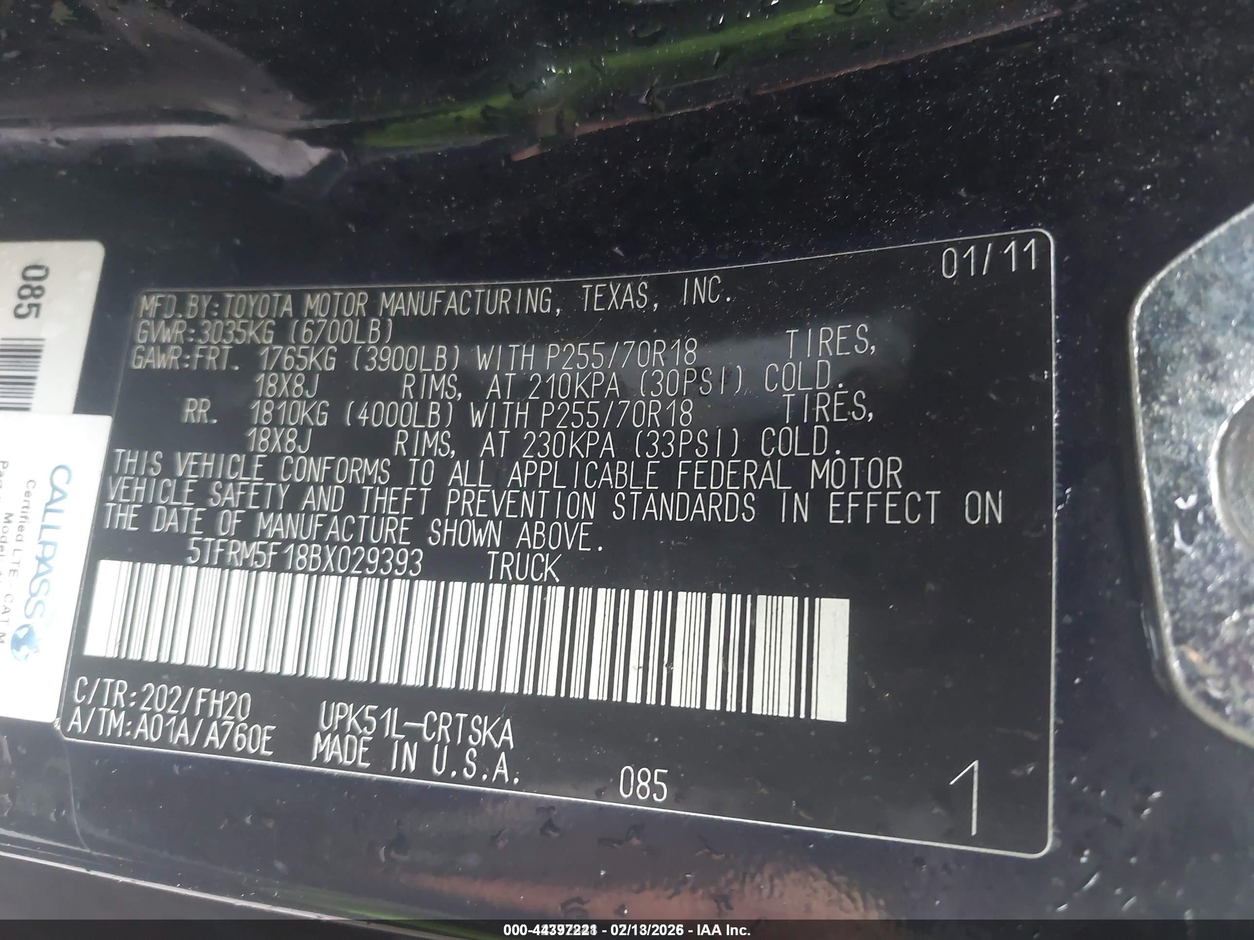 2011 Toyota Tundra Grade 4.6l V8 Black vin: 5TFRM5F18BX029393