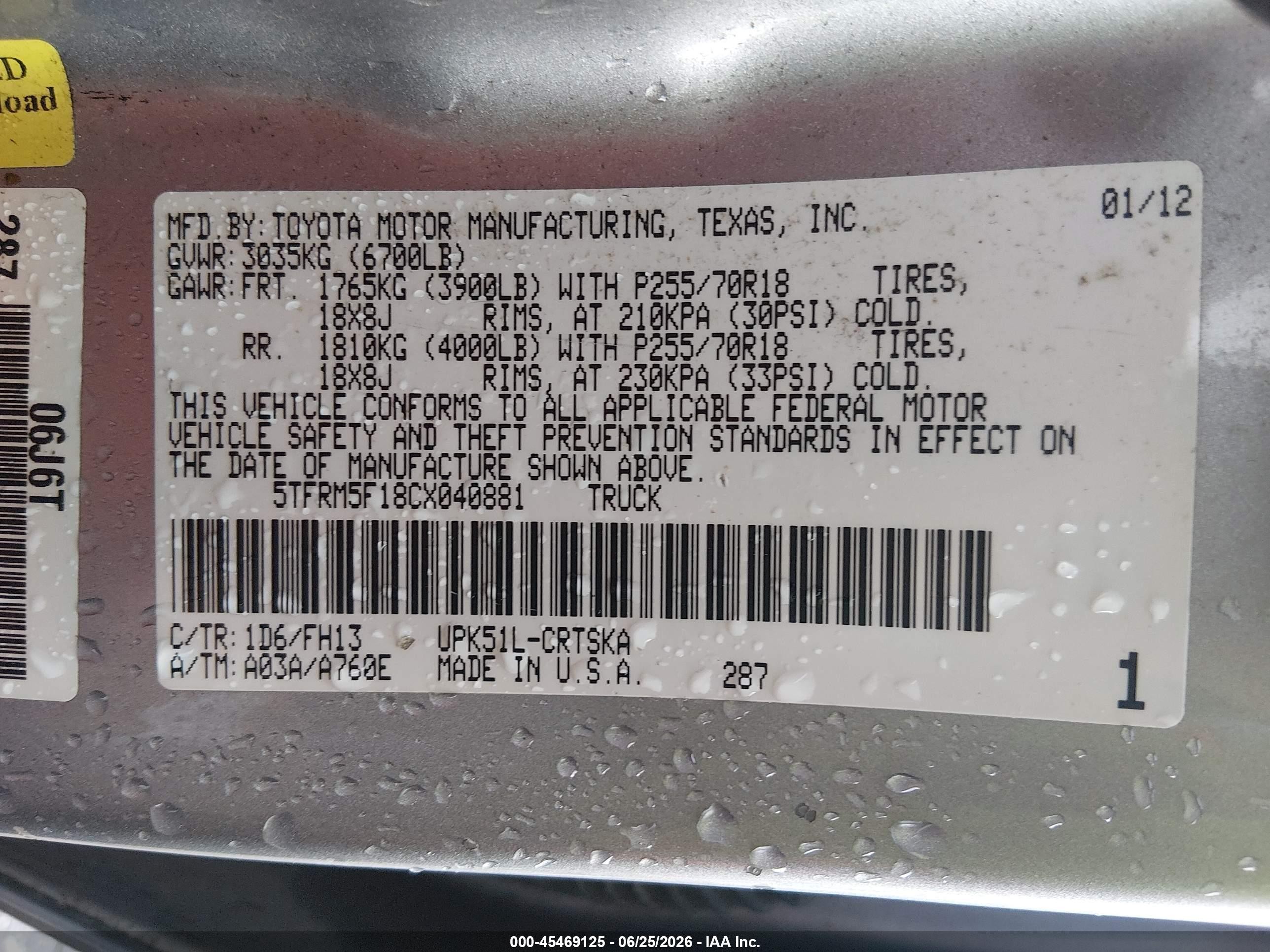 2012 Toyota Tundra Grade 4.6l V8 Silver vin: 5TFRM5F18CX040881