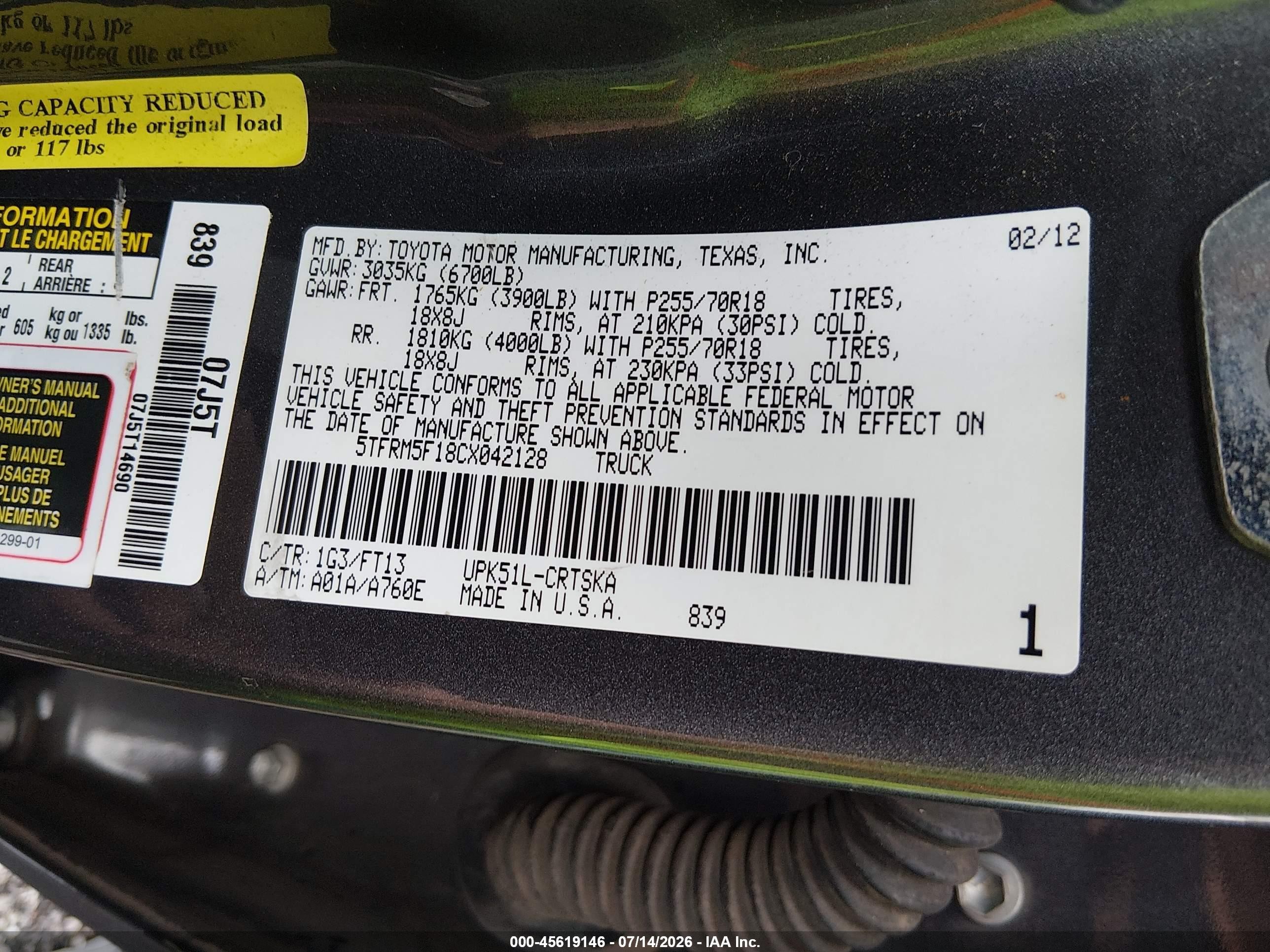2012 Toyota Tundra Grade 4.6l V8 Gray vin: 5TFRM5F18CX042128
