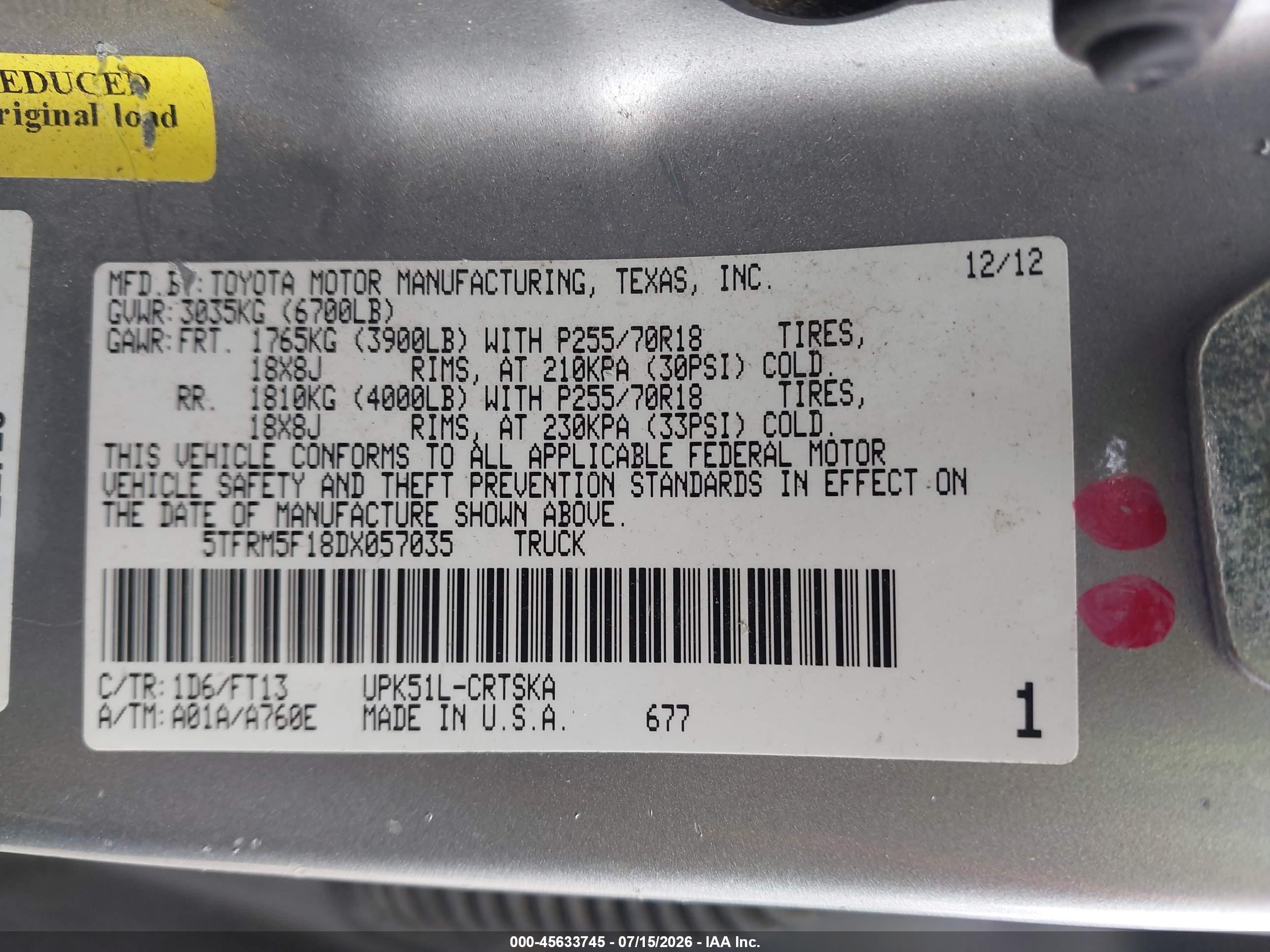 2013 Toyota Tundra Grade 4.6l V8 Silver vin: 5TFRM5F18DX057035