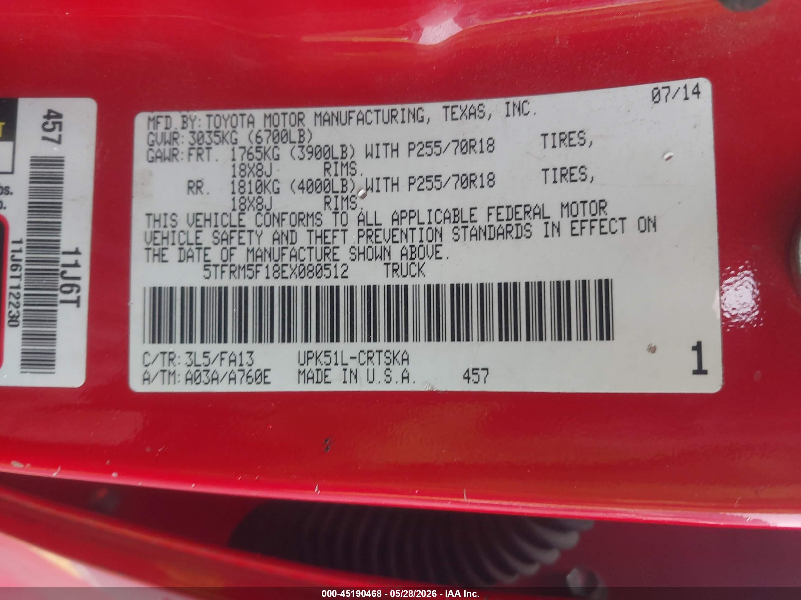 2014 Toyota Tundra Sr 4.6l V8 Red vin: 5TFRM5F18EX080512
