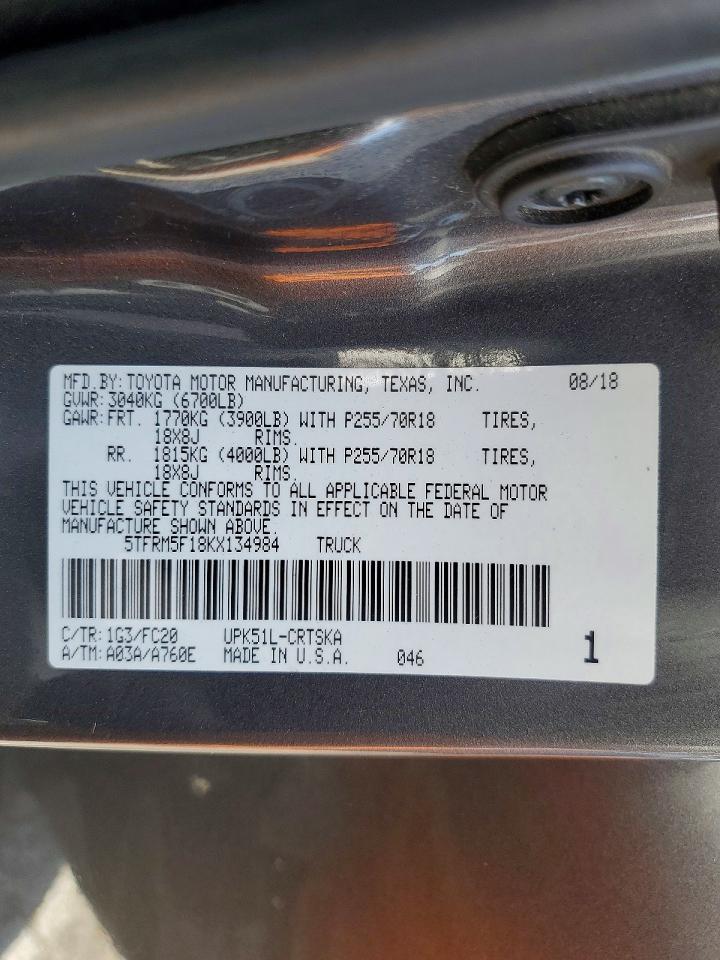 2019 Toyota Tundra Sr5 Gray vin: 5TFRM5F18KX134984