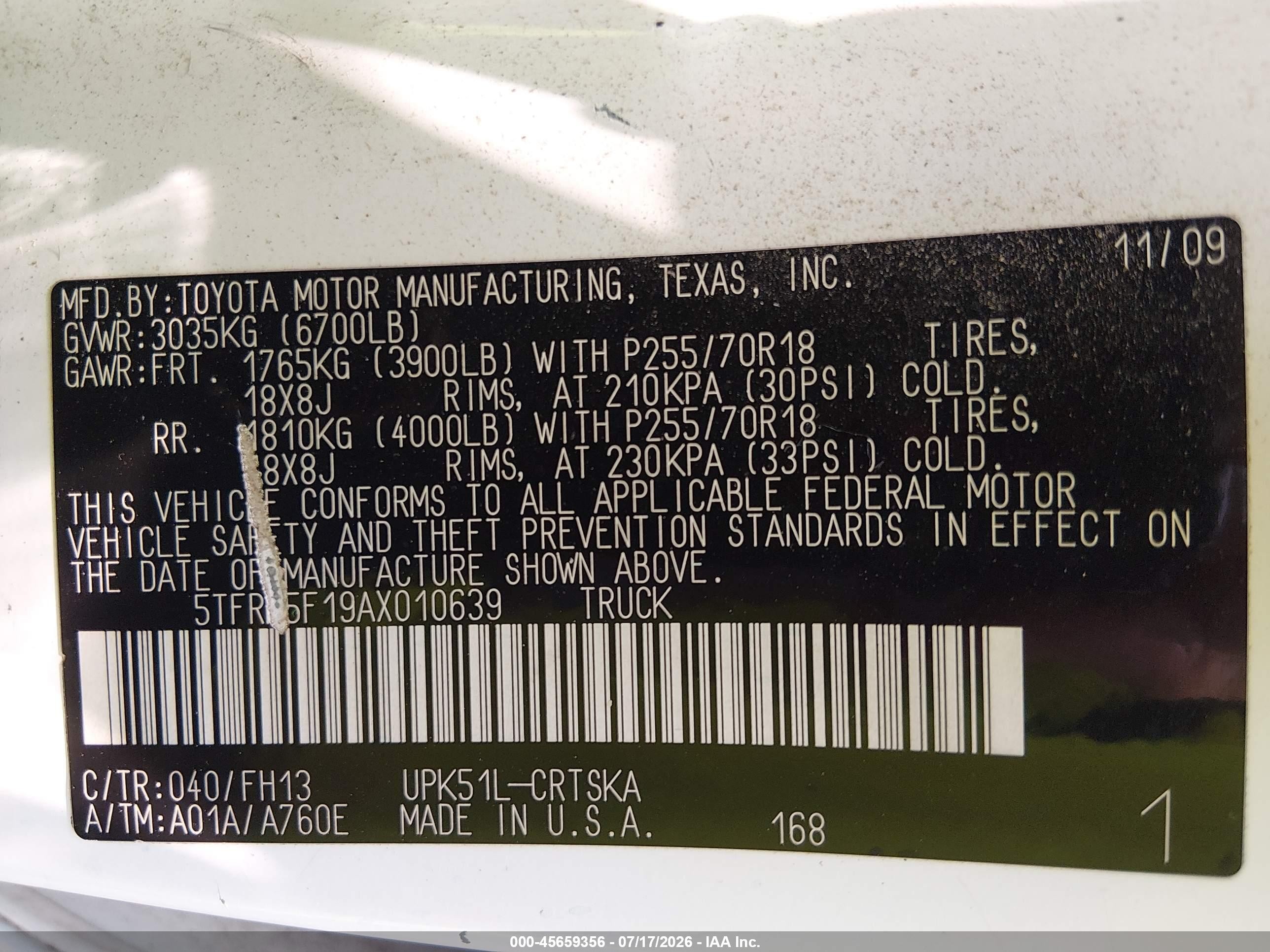 2010 Toyota Tundra Grade 4.6l V8 White vin: 5TFRM5F19AX010639