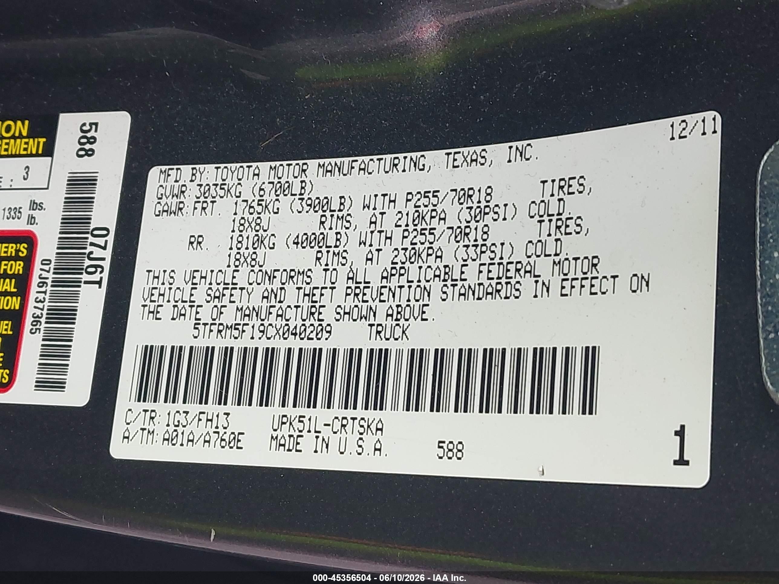 2012 Toyota Tundra Grade 4.6l V8 Gray vin: 5TFRM5F19CX040209