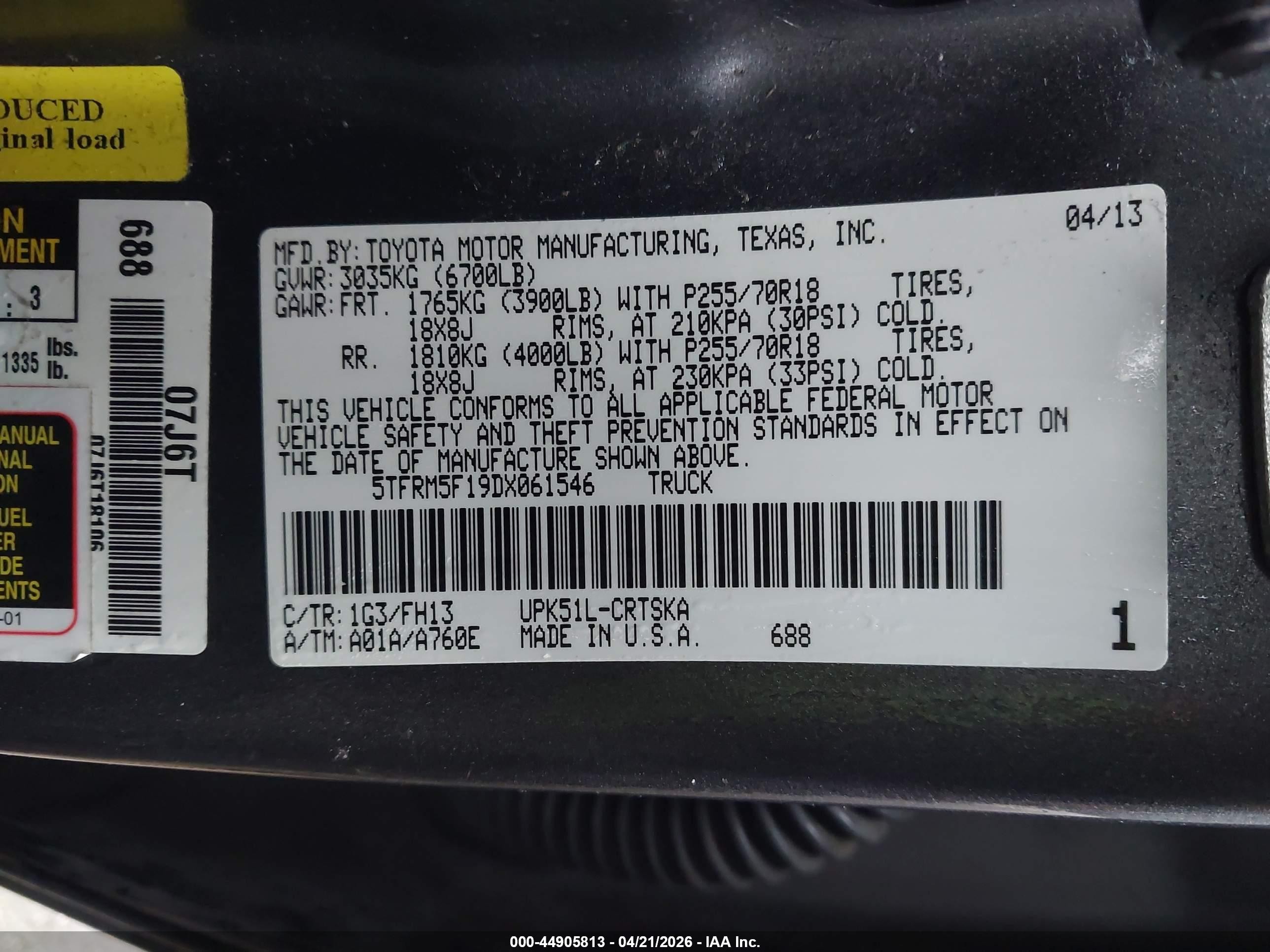 2013 Toyota Tundra Grade 4.6l V8 Gray vin: 5TFRM5F19DX061546