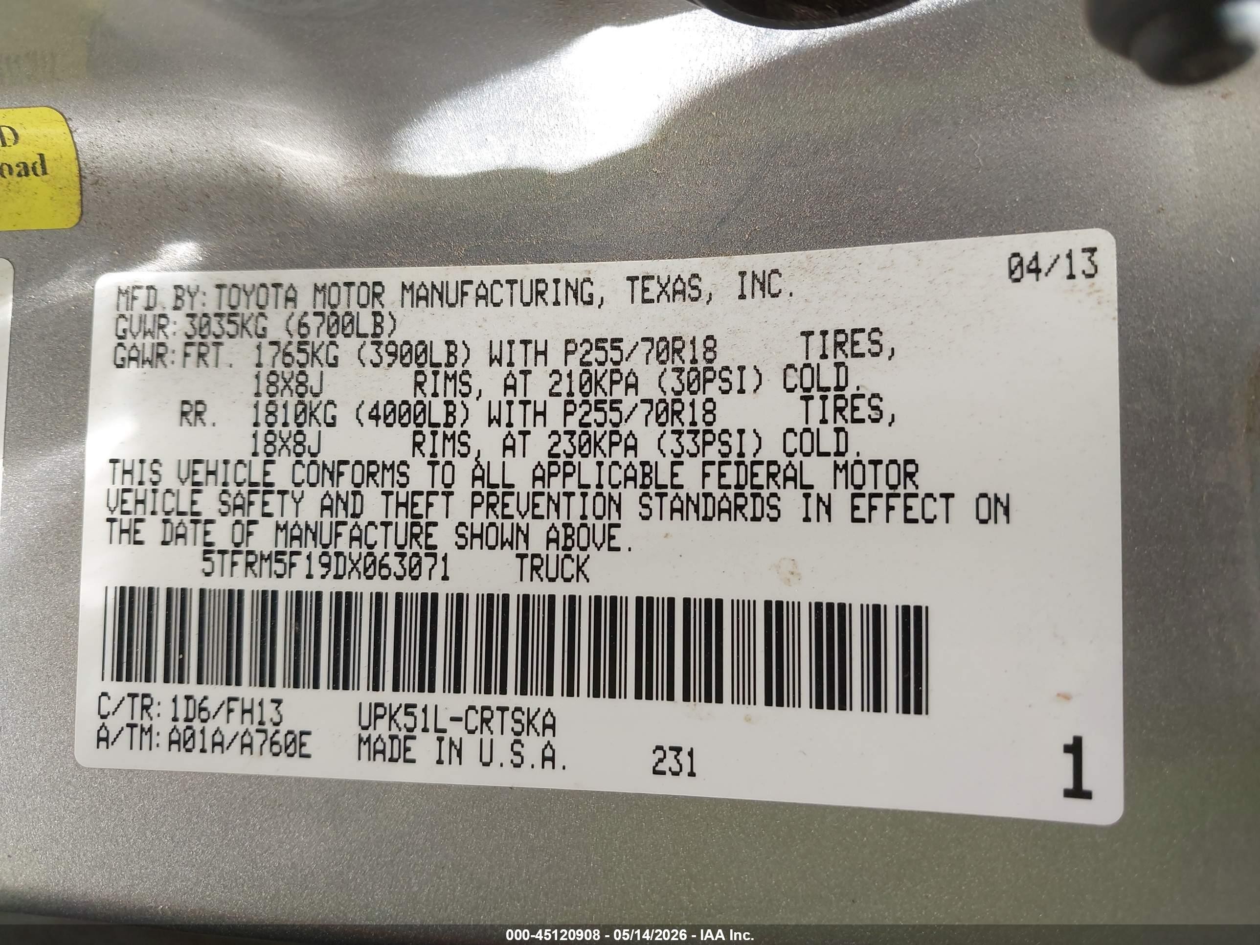 2013 Toyota Tundra Grade 4.6l V8 Silver vin: 5TFRM5F19DX063071